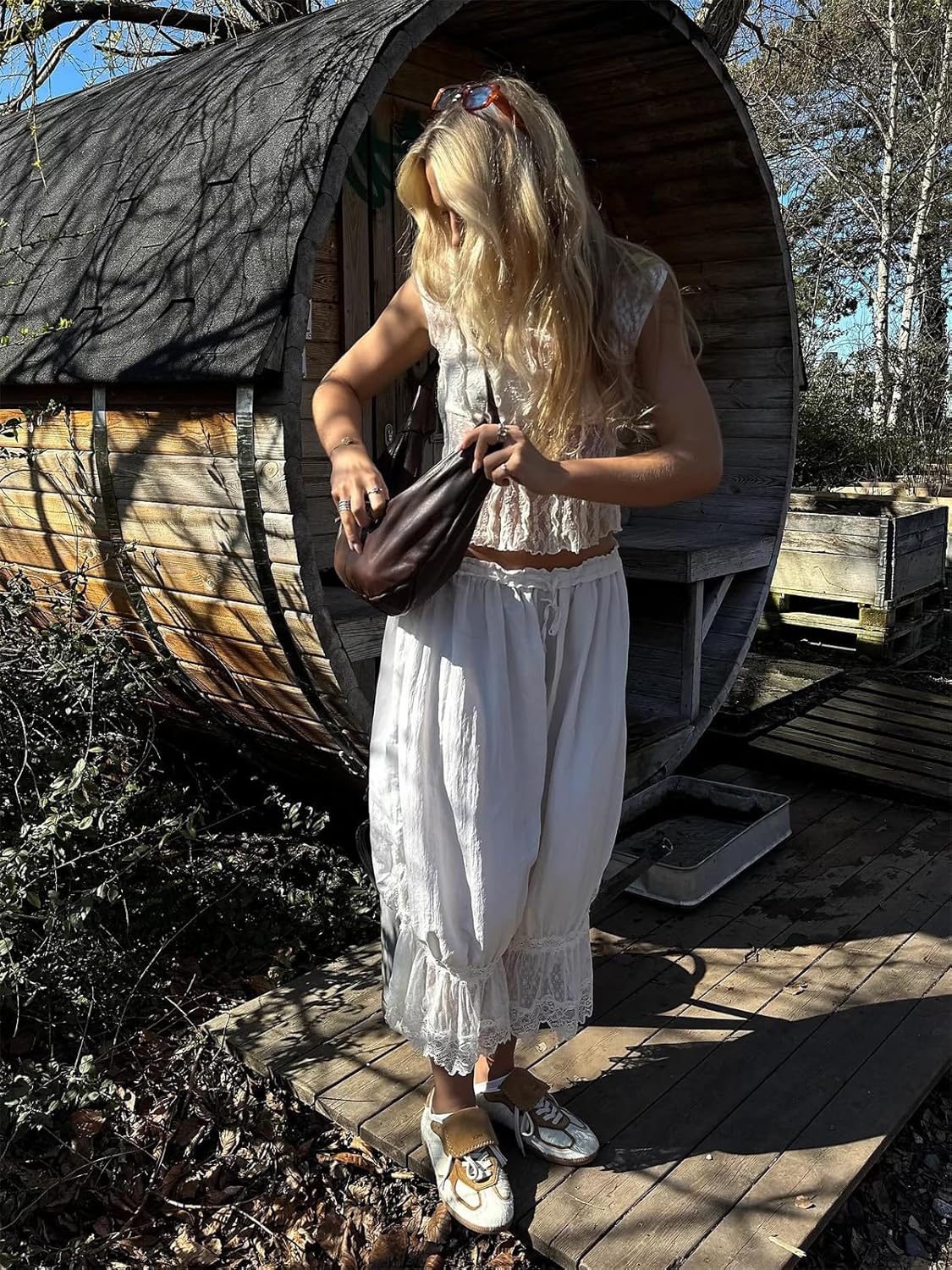 Alyweatry Women Ruffle Long Bloomers Elastic Waist Lace Patchwork Pettipants Pantaloons Cropped Slip Pants Streetwear - Image 3