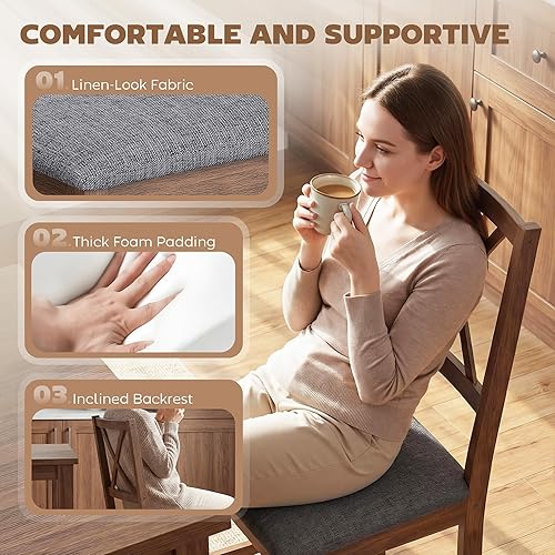 Miniatura 5 de HOMCOM Juego de 4 sillas de comedor de madera estilo granja, sillas de cocina tapizadas con respaldo en X con patas de madera de goma y asiento