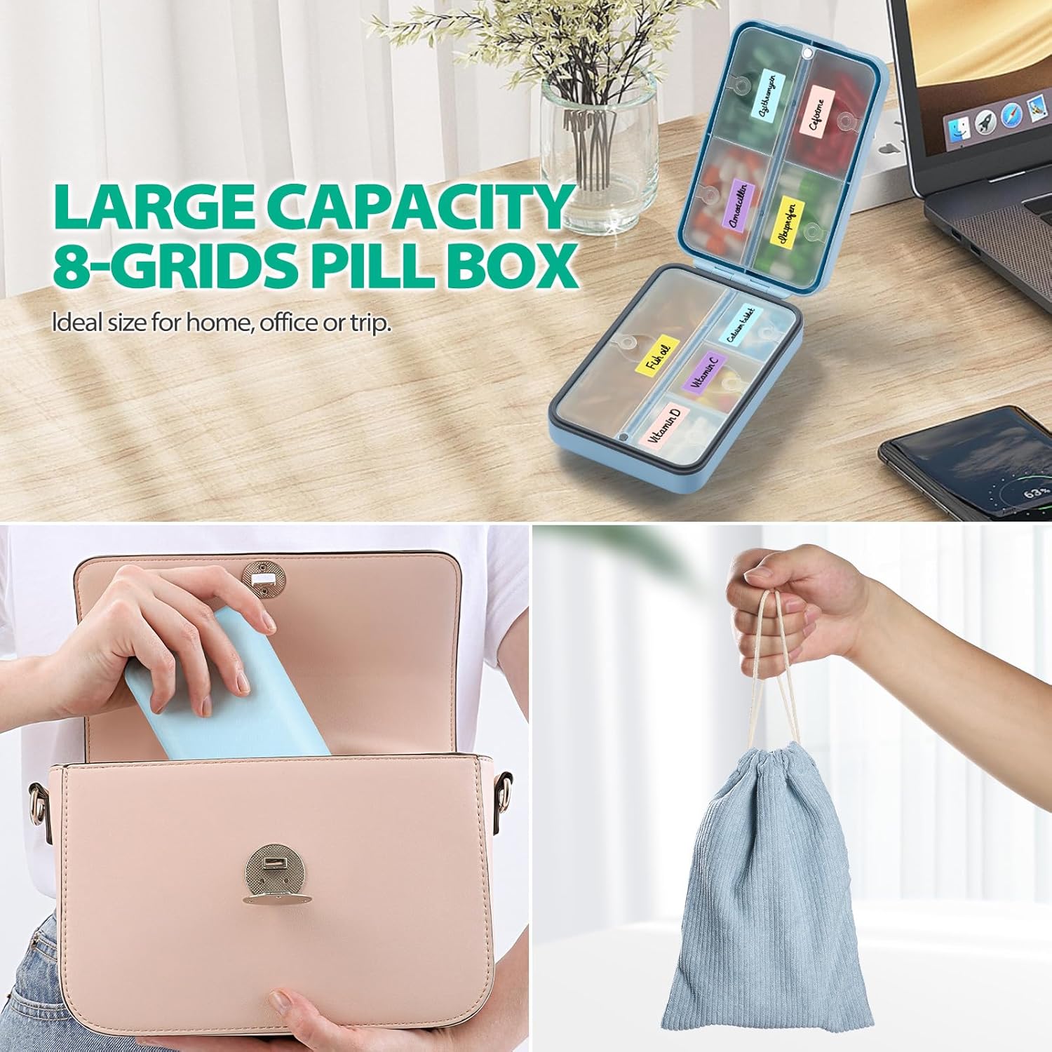 8 Grids Large Capacity Pill Organizer with Labels and Storage Bag, Airtight Medicine Case for Traveling Portable Pharmacy Box Vitamin Container 8 Compartment Supplement Medication Holder Daily, Blue