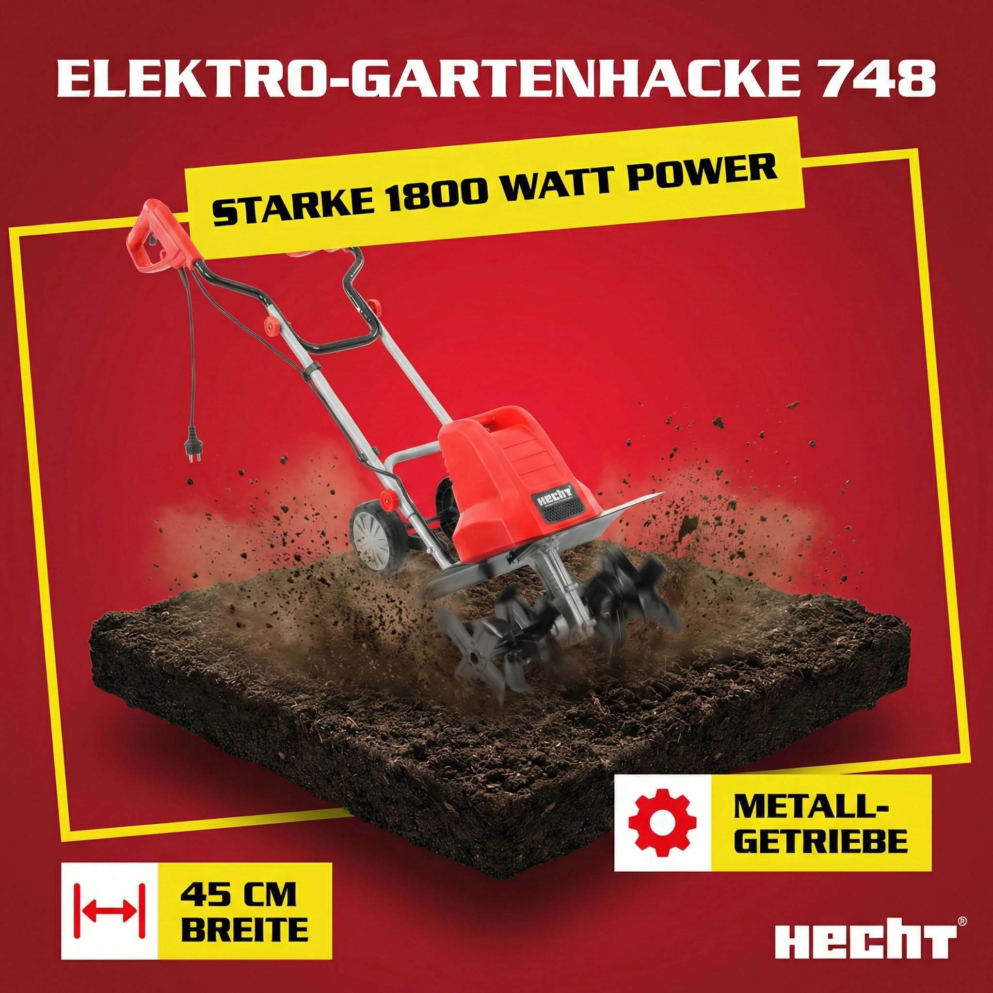 HECHT Elektro Gartenfräse 1800 W 45 cm Arbeitsbreite | Elektrische Motorhacke, Bodenfräse und Bodenhacke, Metallgetriebe, 24 Stahlmesser, 11 kg, ohne Benzin