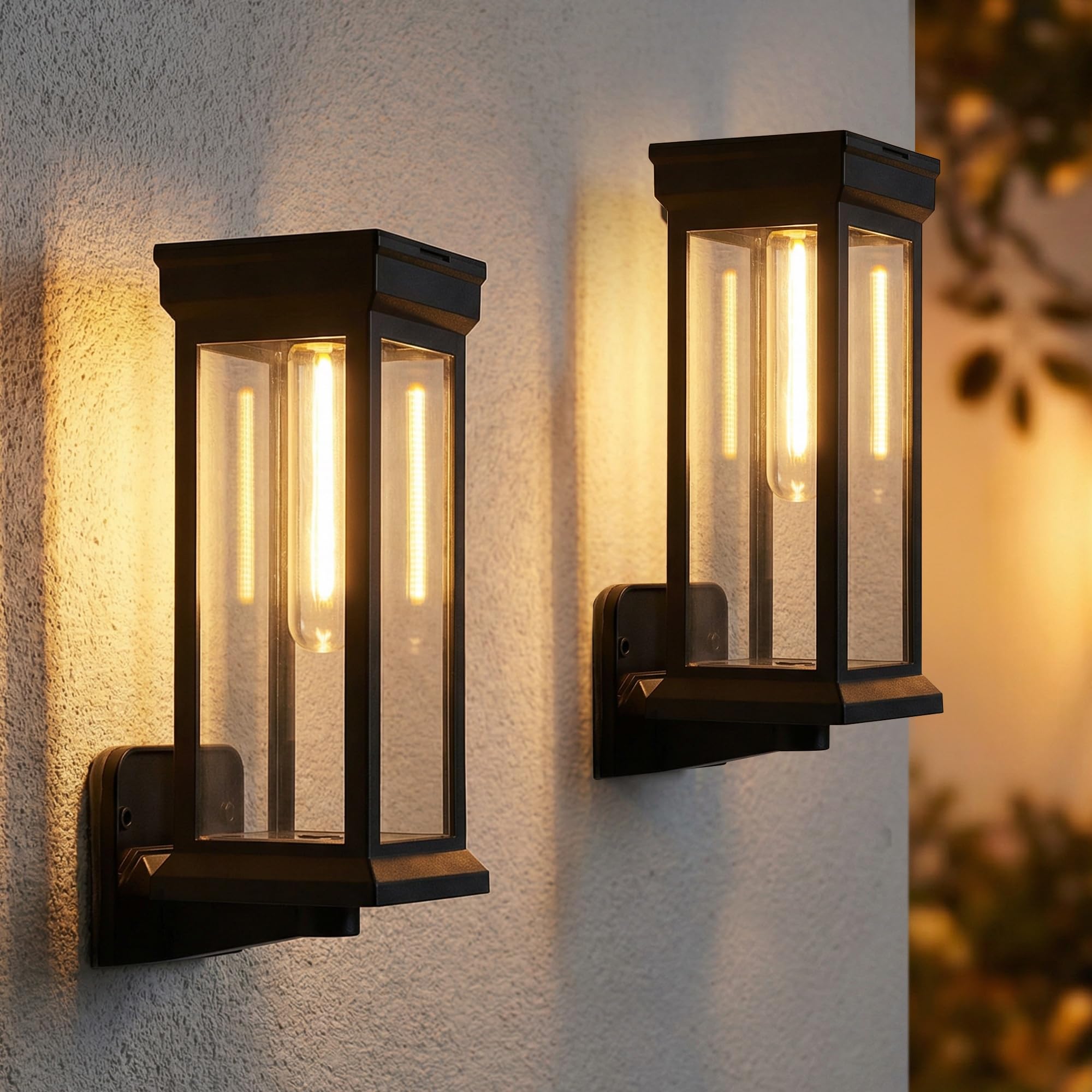 Photo 1 of pearlstar Outdoor Solar Wall Lights 2Pack Dusk to Dawn Porch Solar Sconces Wall Mounted Lanterns Waterproof Exterior Lighting Fixtures with 2 Lighting Modes, for Outside Fence Patio Garage Yard