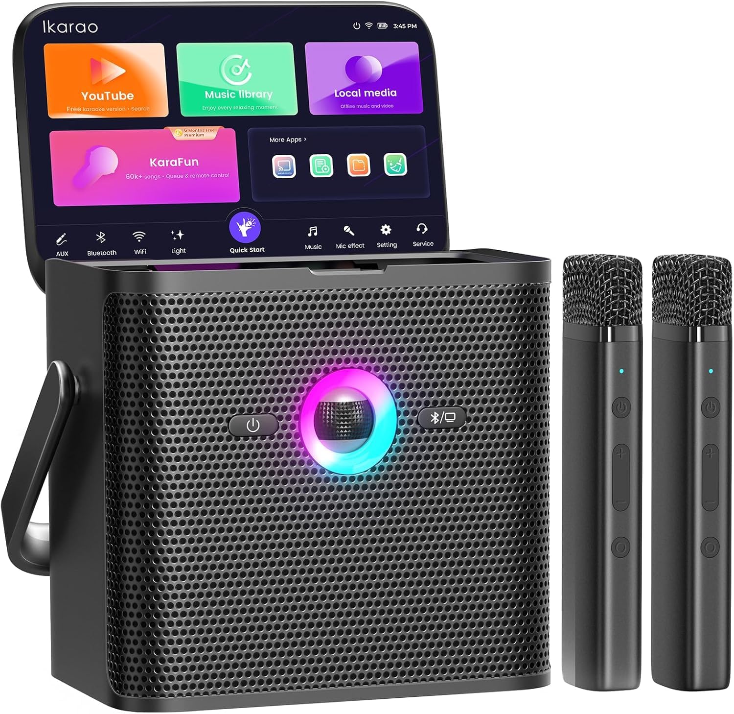 Ikarao Karaoke-Maschine für Erwachsene Kinder, mit Songtext-Display, WiFi-Verbindung zu YouTube & Karaoke-App, 2 EQ Autotune drahtlose Mikrofone, tragbares PA-System für Zuhause, Familie, Party