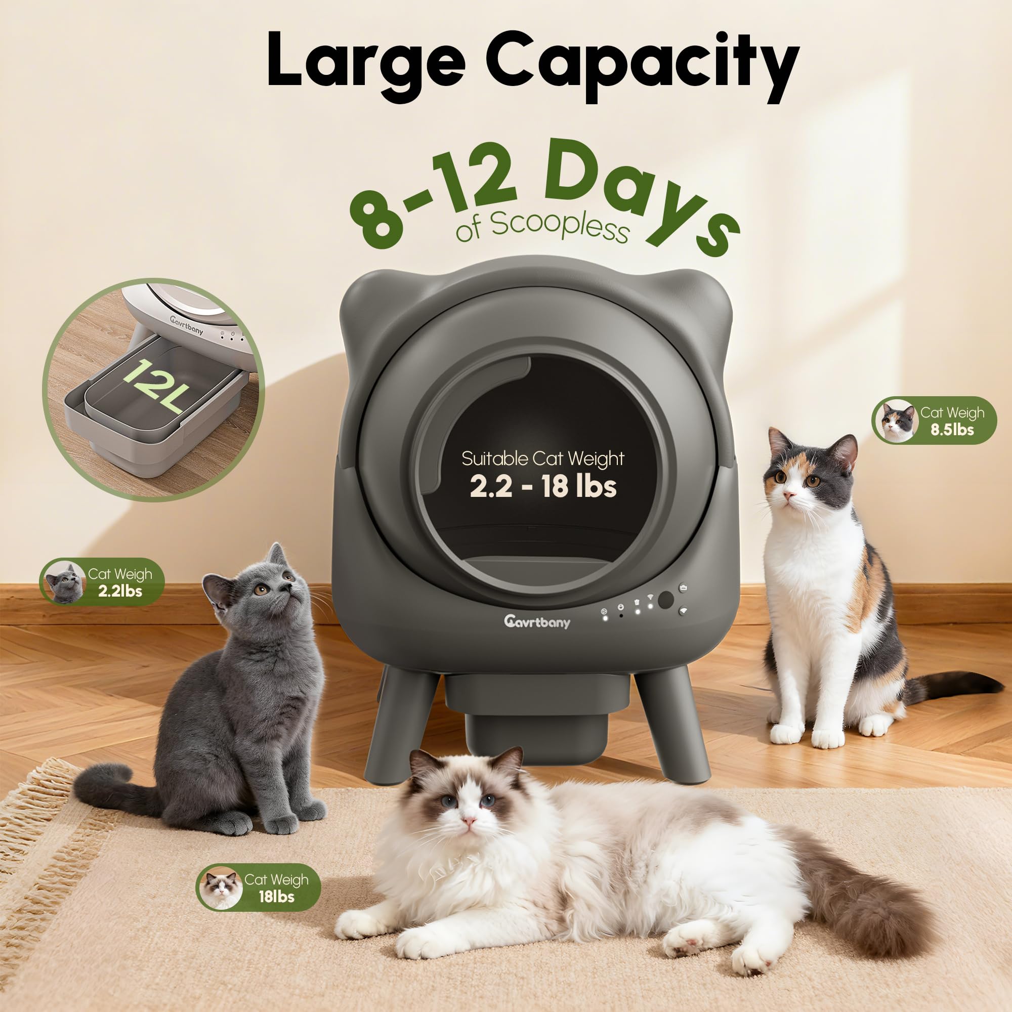 Cavrtbany Automatic Litter Box, Self Cleaning Litter Box, Cat Robot for Multiple Cats, with Smart APP Control and Health Monitoring, Safety Sensors, with Trash Bags, Grey - image 4