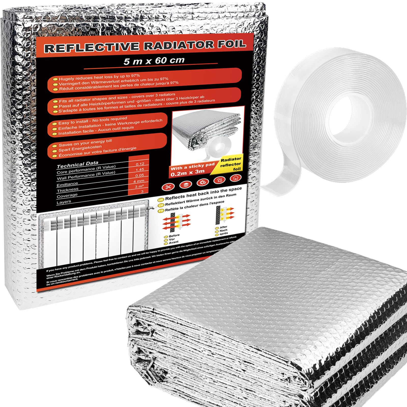 0.6 x 5 m Isolant Thermique, Reflecteur Radiateur en Film Aluminisé a Bulles Double Face, Réflecteur Radiateur Isolant Thermique Voiture, Isolation Thermique pour Fenetre, Voiture, Radiateur