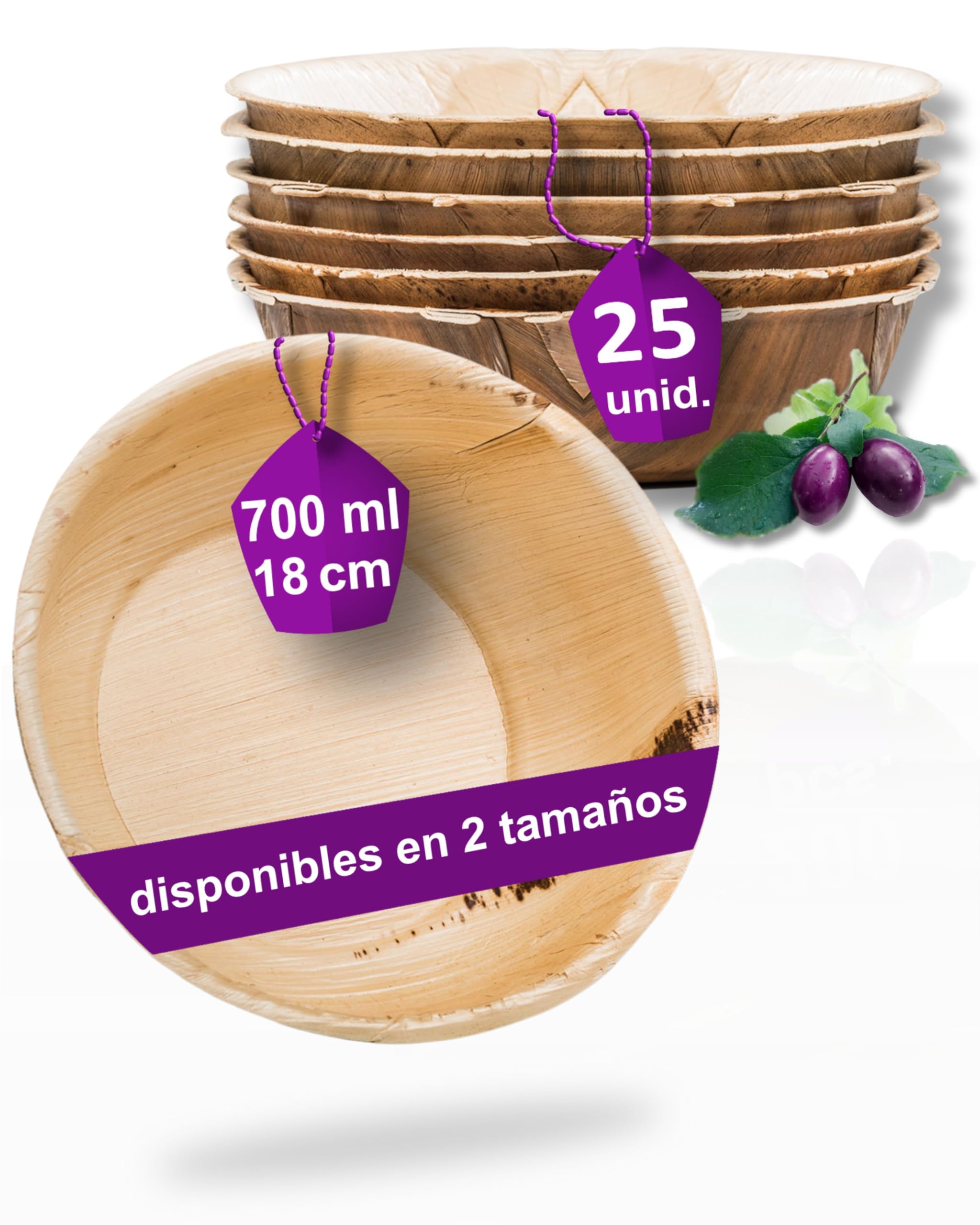 25 Cuencos Desechables de Hoja de Palma Ecológicos - 18 cm/ 700 ml - Vajilla Orgánica Elegante - Estable, Natural y Biodegradable - Boles Descartable - similar al Bambu - Estilo Madera