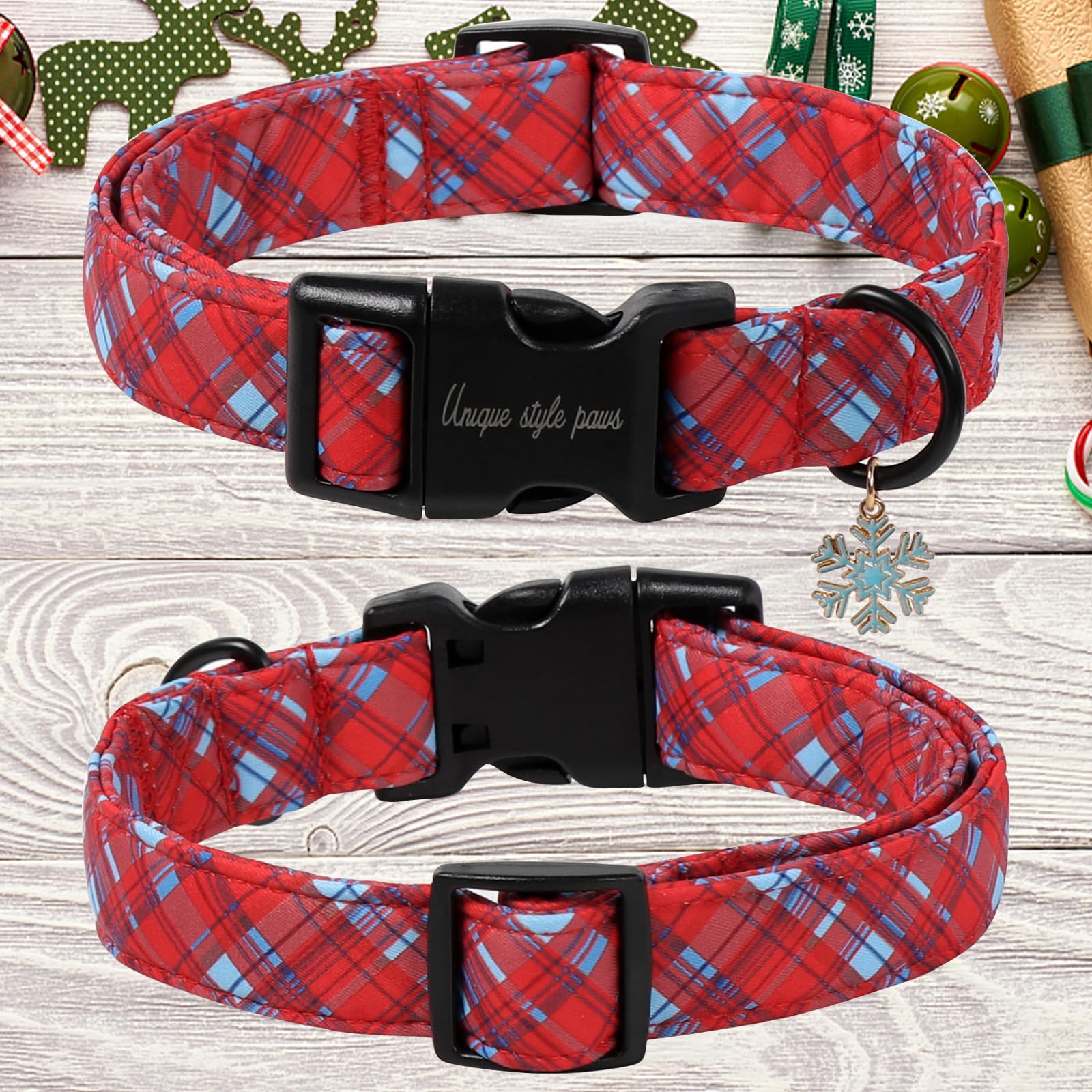 Unique style paws Red Plaid Christmas Dog Collar with Snowflake Charm, Classic Tartan Puppy Collars - Image 2