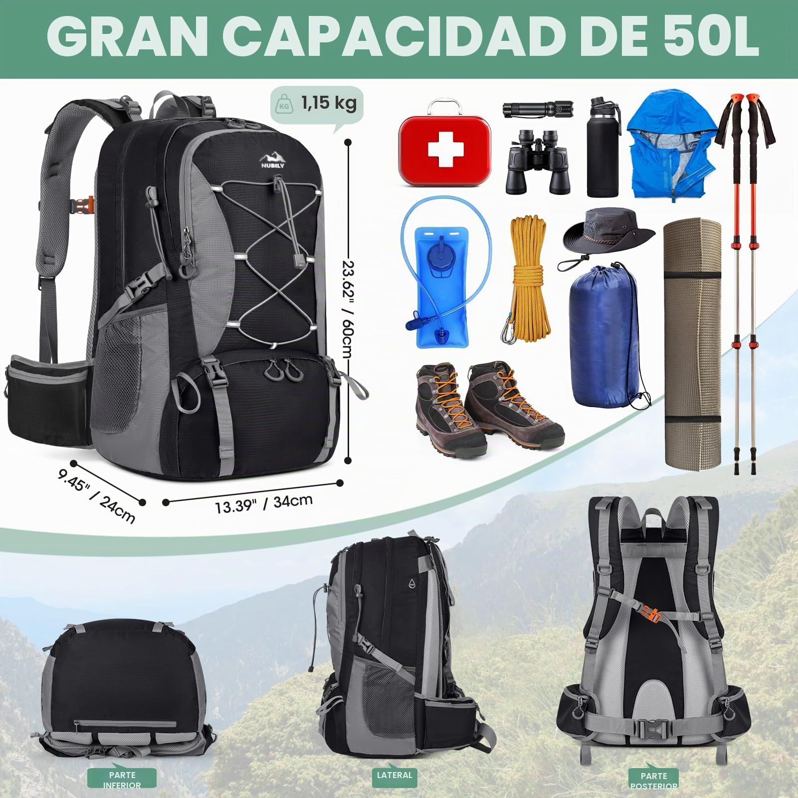 Mochila Senderismo Hombre Impermeable 50L Mochila de Camping Ligera Negro