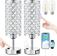 Hong-in Set of 2 Crystal Touch Table Lamps with USB-C/A Ports & AC Outlet, 3-Way Dimmable Bedside Lamps for Bedroom (Bulbs Included)