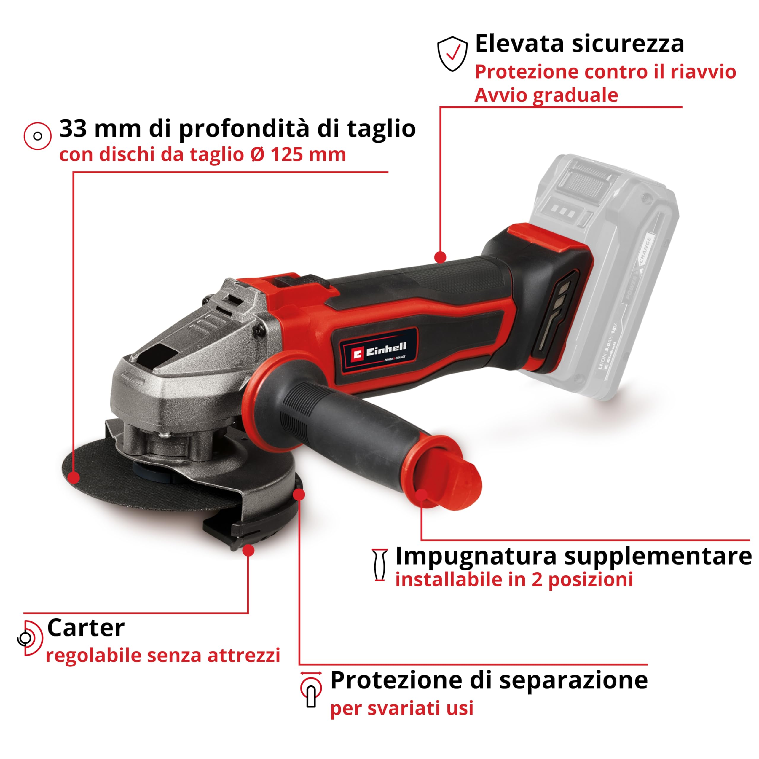 Einhell Smerigliatrice angolare TE-AG 18/125-2 Li - Solo Power X-Change (18 V, disco Ø125 mm, profondità di taglio 33 mm, Softstart, protezione del taglio, senza disco da taglio, batteria esclusa)