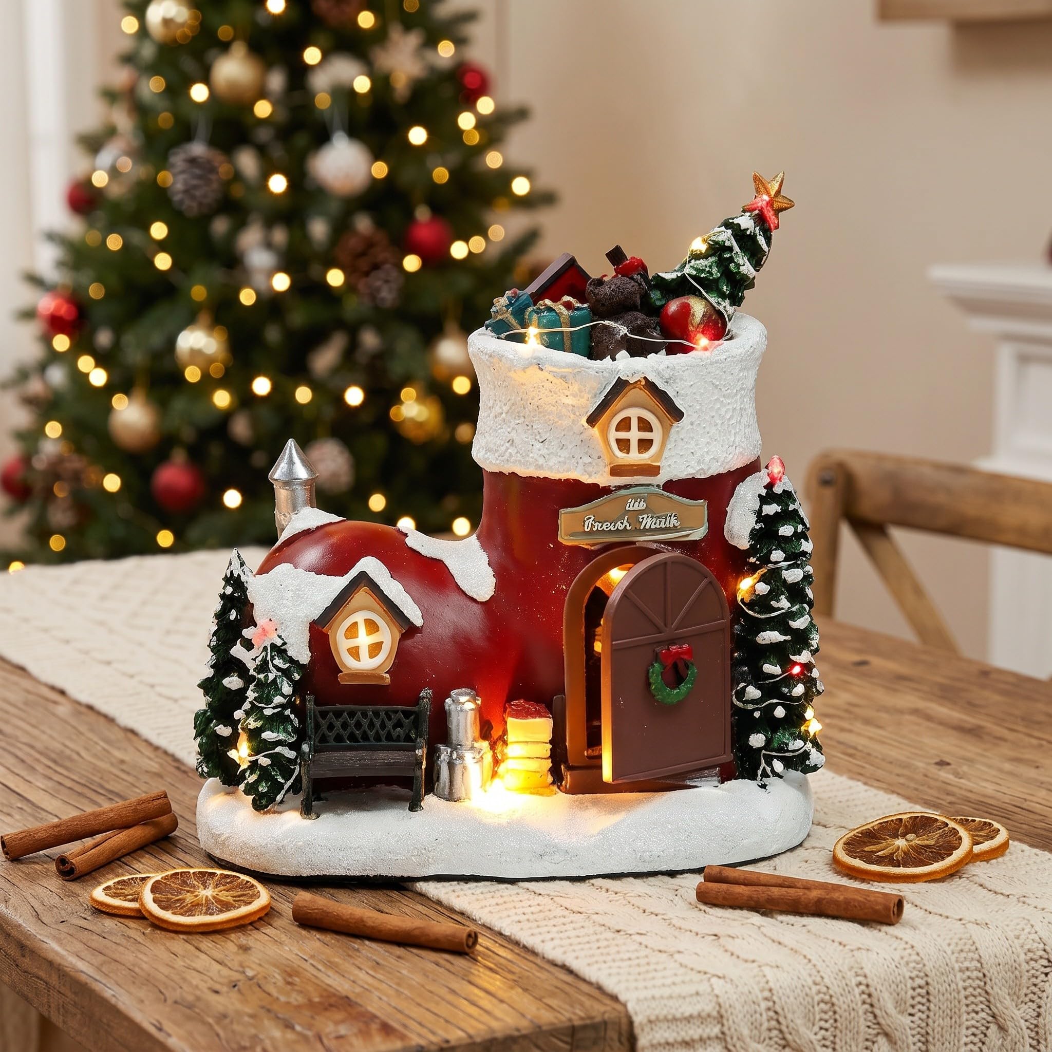 Artibetter Carillon a Forma di Stivale Natalizio: Stivale Natalizio in Resina Dipinto a Mano con Musica e luci - Scarpa di Babbo Natale Musicale illuminata per caminetto, mensola del, Regalo ricordo