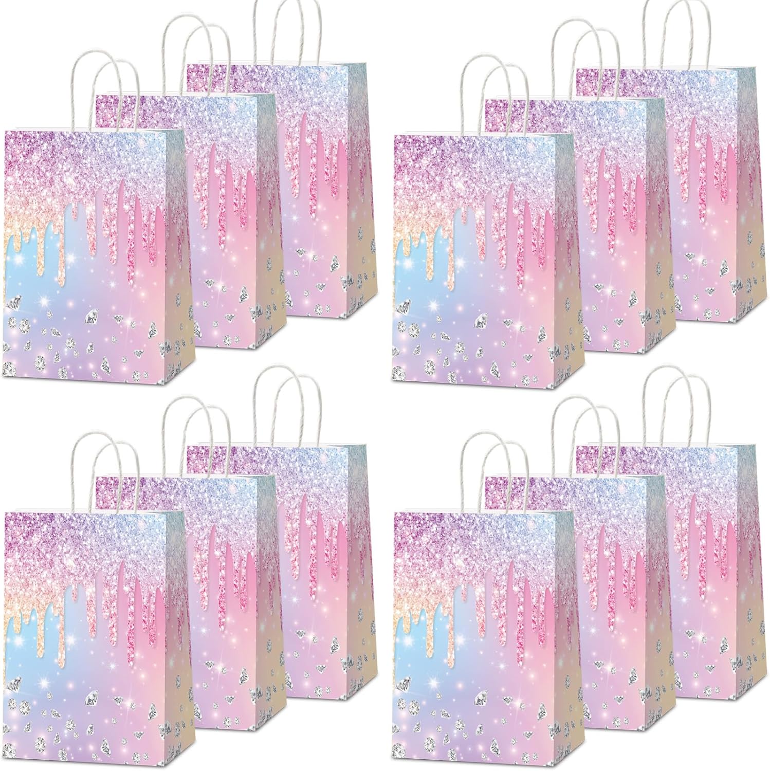 12Pcs Iridescent Diamond Birthday Gift Bags Glitter Diamond Goodie Bag Happy Birthday Treat Bag Colorful Glitter Candy Bags Supply Wedding Bridal Baby Shower Party Favors Decorations 4.7*3.15*8inch