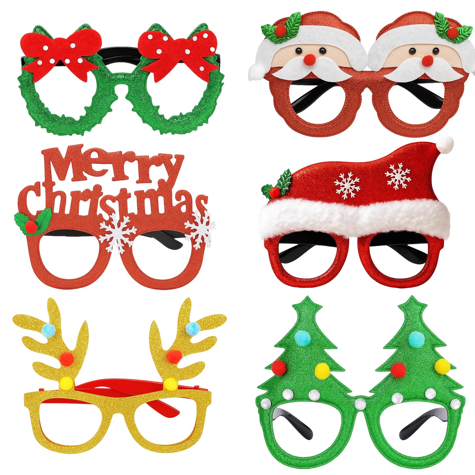 KYEDGC 6 Pcs Christmas Glasses Decorations, Festive Christmas Party Accessories, Fun Christmas Glasses for Holiday Parties, Family Gatherings and Photo Booths
