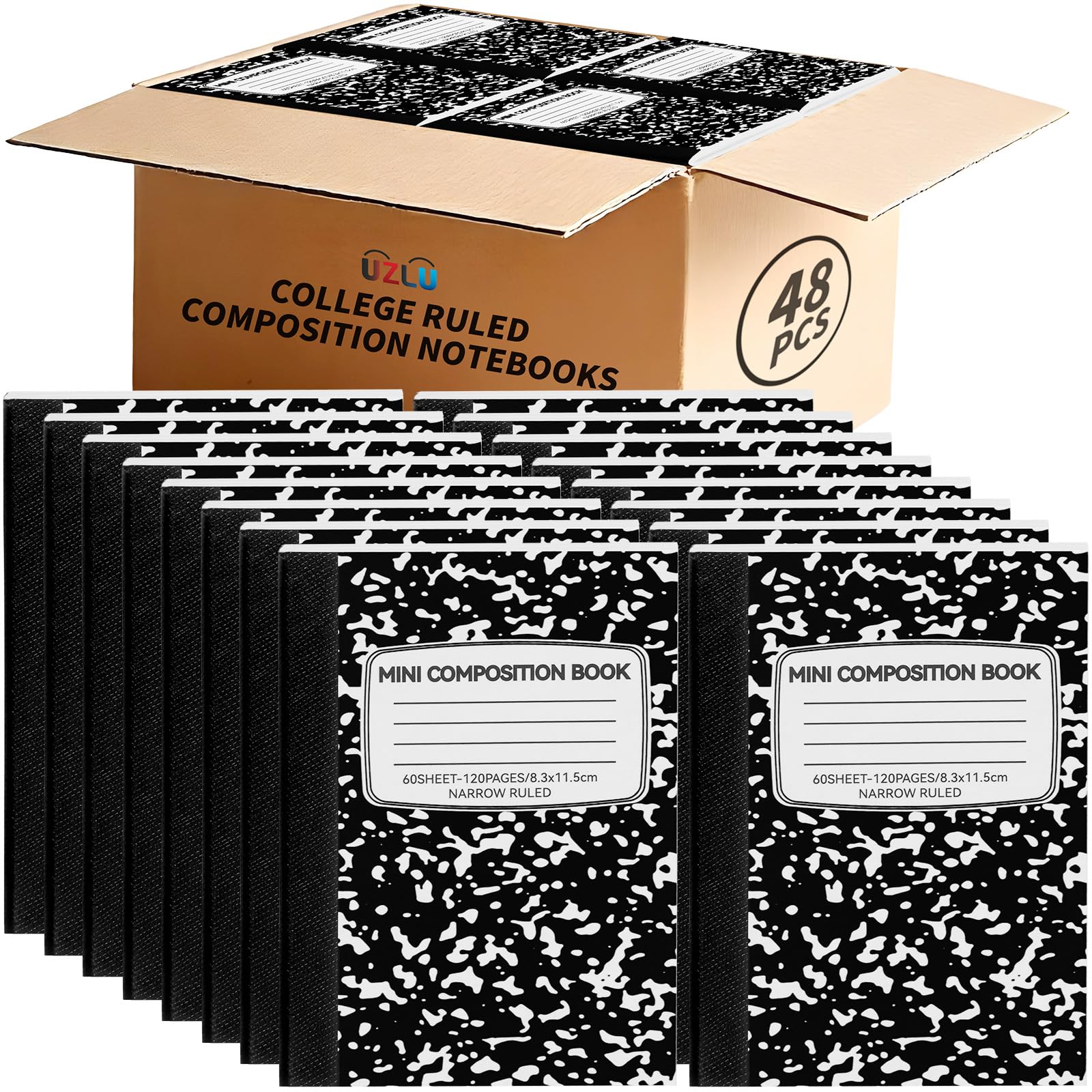 UZLU Confezione da 48 mini quaderni di composizione, graziosi libri di composizione, piccoli quaderni a righe strette per bambini, studenti, università, ufficio, diario tascabile in marmo, nero, 11,4