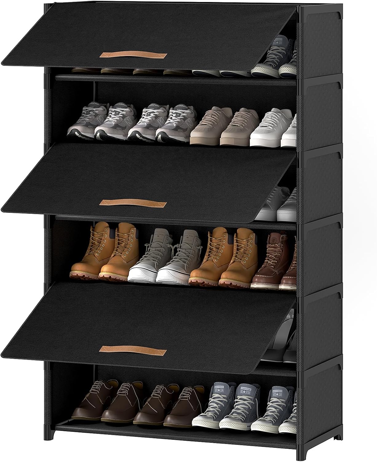Shoe Rack, 7 Tier Shoe Storage Cabinet with Door 28 Pair Plastic Shoe Shelves Organizer for Closet, Entryway, Hallway, Bedroom, Black 7-tier