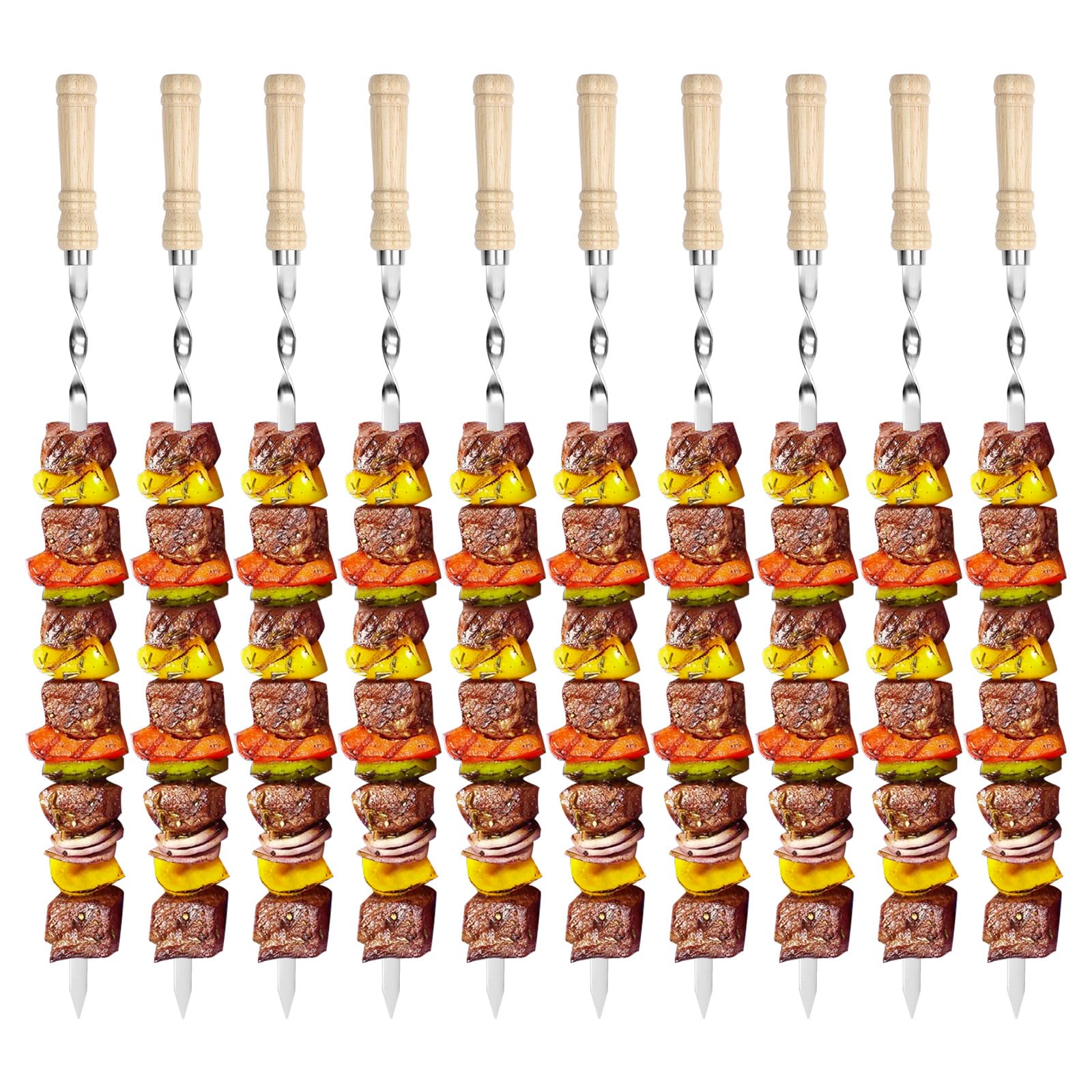 Spiedini per barbecue in acciaio inox, riutilizzabili, 10 spiedini per shish kebab in acciaio inox, piatti lunghi con manico in legno, per carne, verdure, kebab (55 cm di lunghezza)