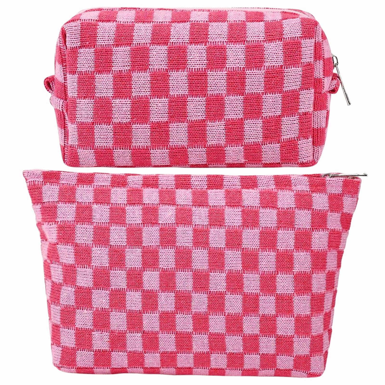 GUTGNK 2-Pack Makeup Bag For Women - Large Checkered Knitted Cosmetic Bags&Small Makeup Pouch Aesthetic Design Travel Toiletry Bag Skincare Bag Car