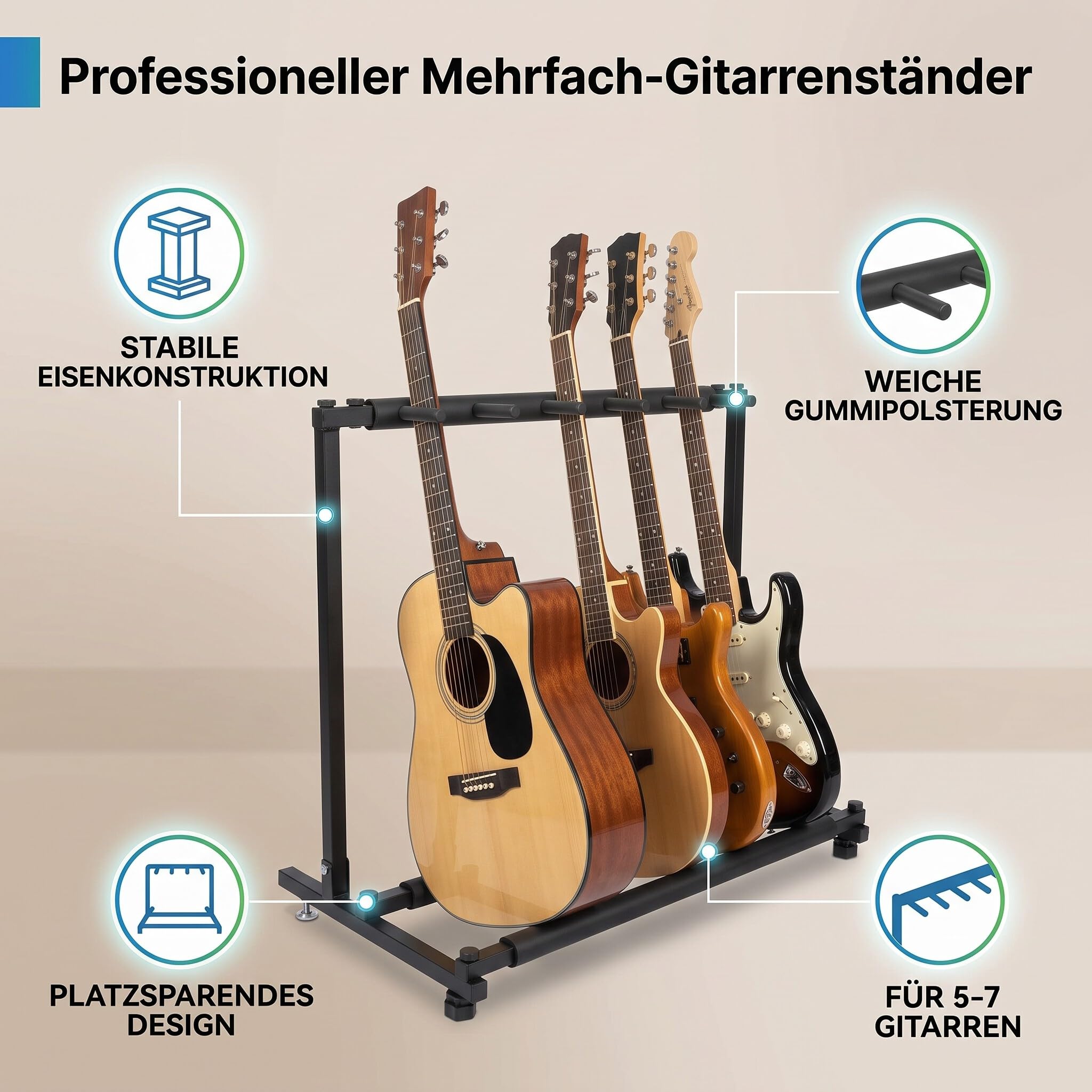 Stojak na Gitarę Multi 5 Przegródek, Statyw na Gitarę Metalowy Stojak na Gitarę Organizer na Stojak Stojak na Gitarę Uchwyt na Gitarę z Gumowymi Stykami do Sklepów z Gitarami(5)