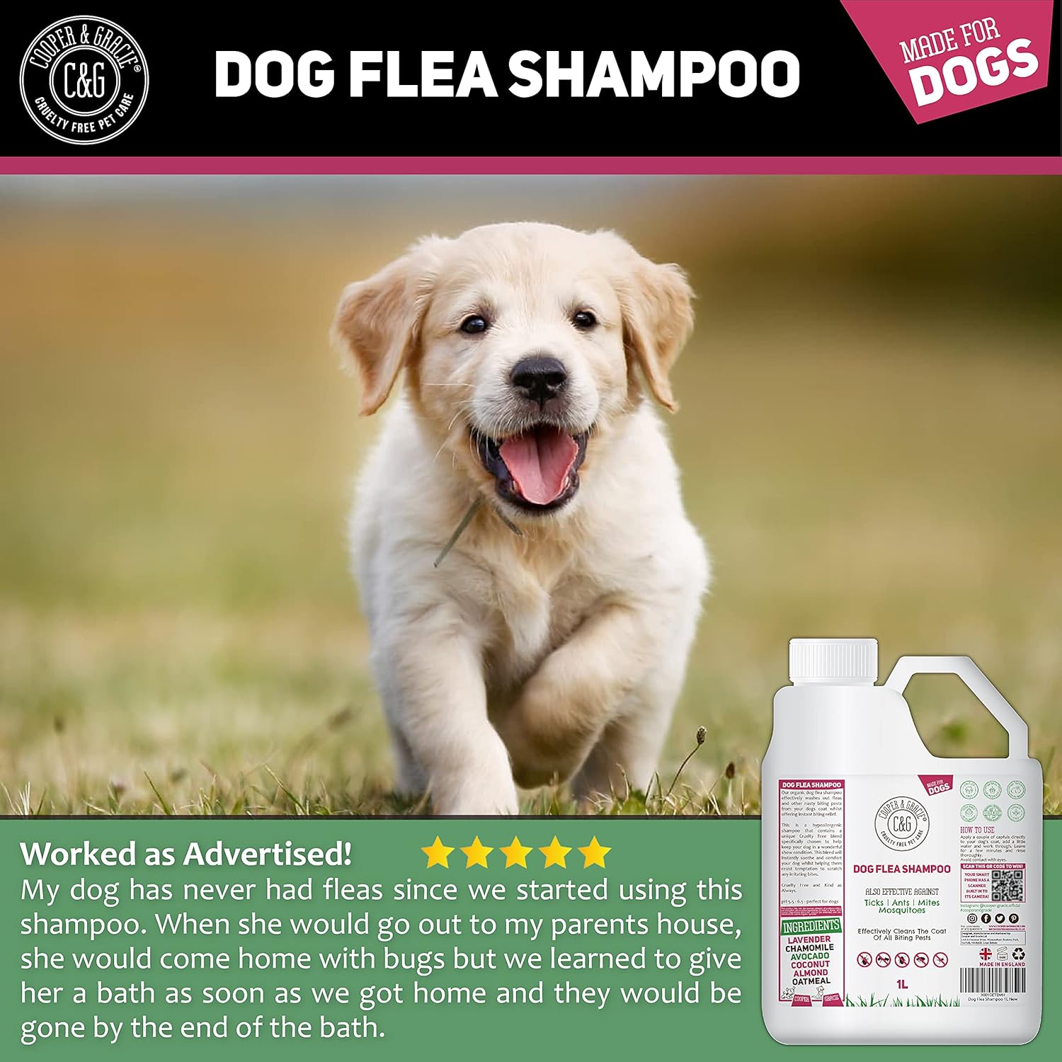 Flea Shampoo For Dogs 1 Litre Sensitive Itchy Skin Dog and Puppy Grooming Medicated Fleas
