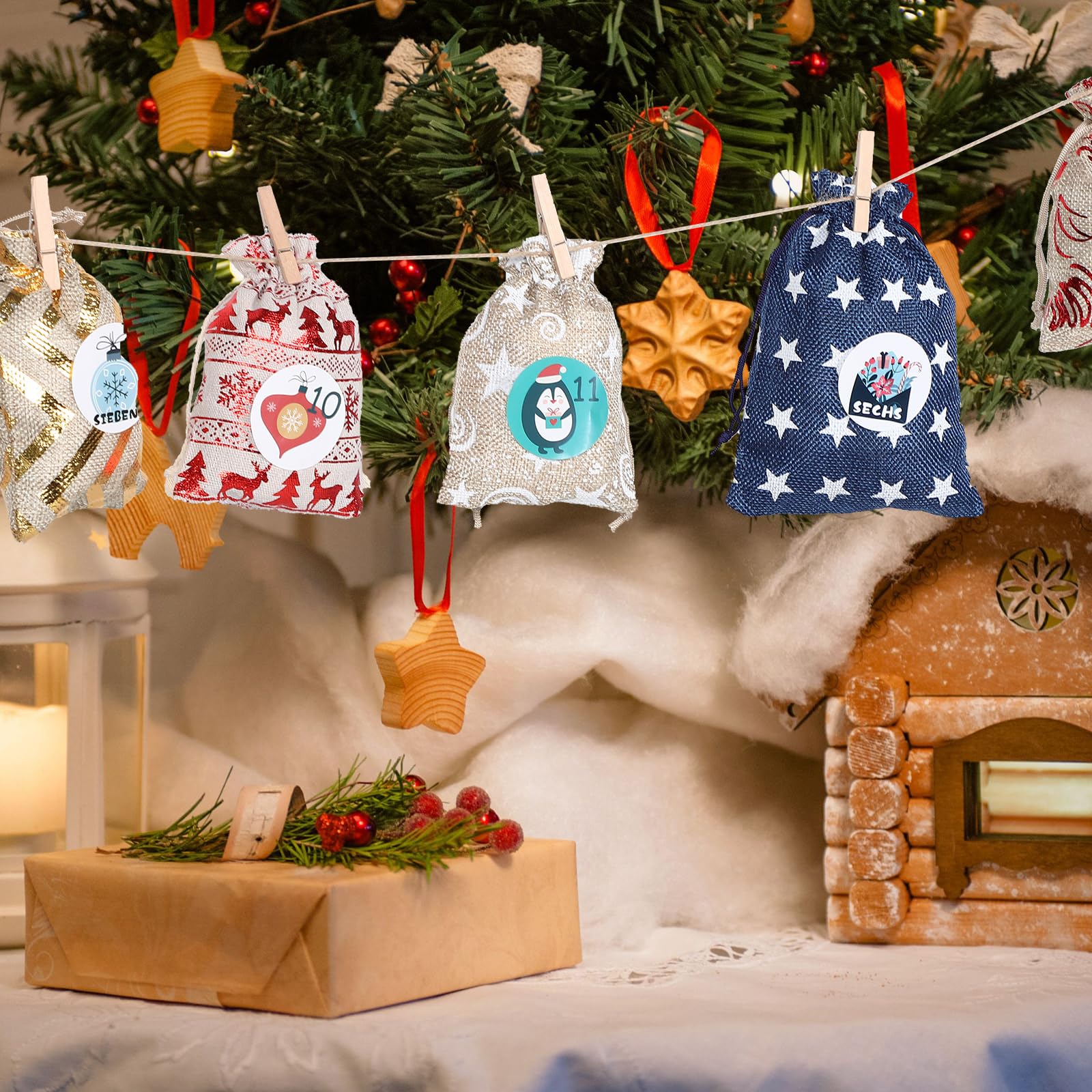 VALICLUD Sachets Cadeaux Jute pour Noël Petits Sacs à Cordon pour Calendrier de Jours Sachets de Bonbons Festifs Accessoires pour Compte à Rebours de Noël