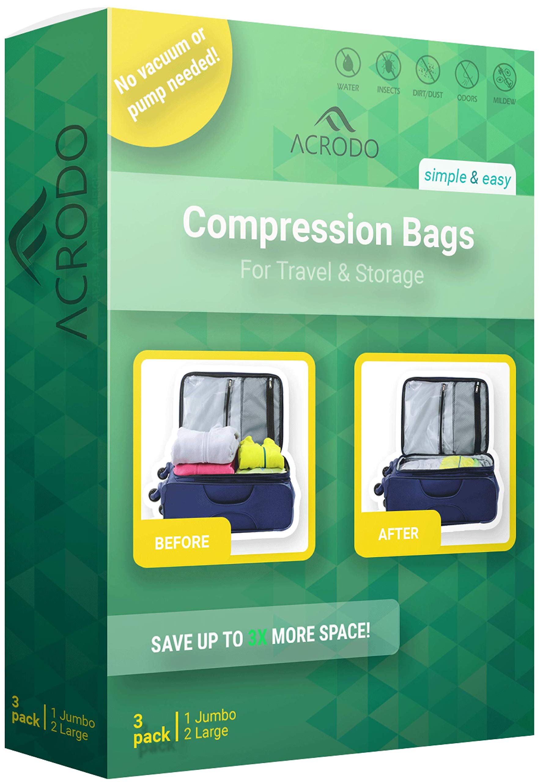 Acrodo 3-Pack Space Saver Compression Bags for Packing and Storage - Save 300% More Space with No Vacuum Rolling Bags for Clothing, Travel, Suitcase