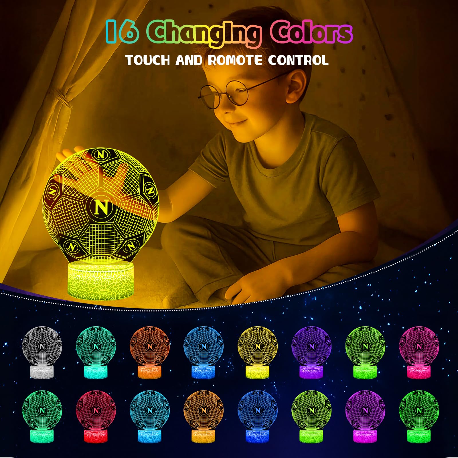 2 Pezzi Napoli Calcio Lampada - Calcio Regalo Bambini, 16 Colori Luce Notturna Calcio Intelligente Con Telecomando a 3D LED Illusione Idea Regalo di Natale Calcio Decorazione Per la Camera dei Bambin