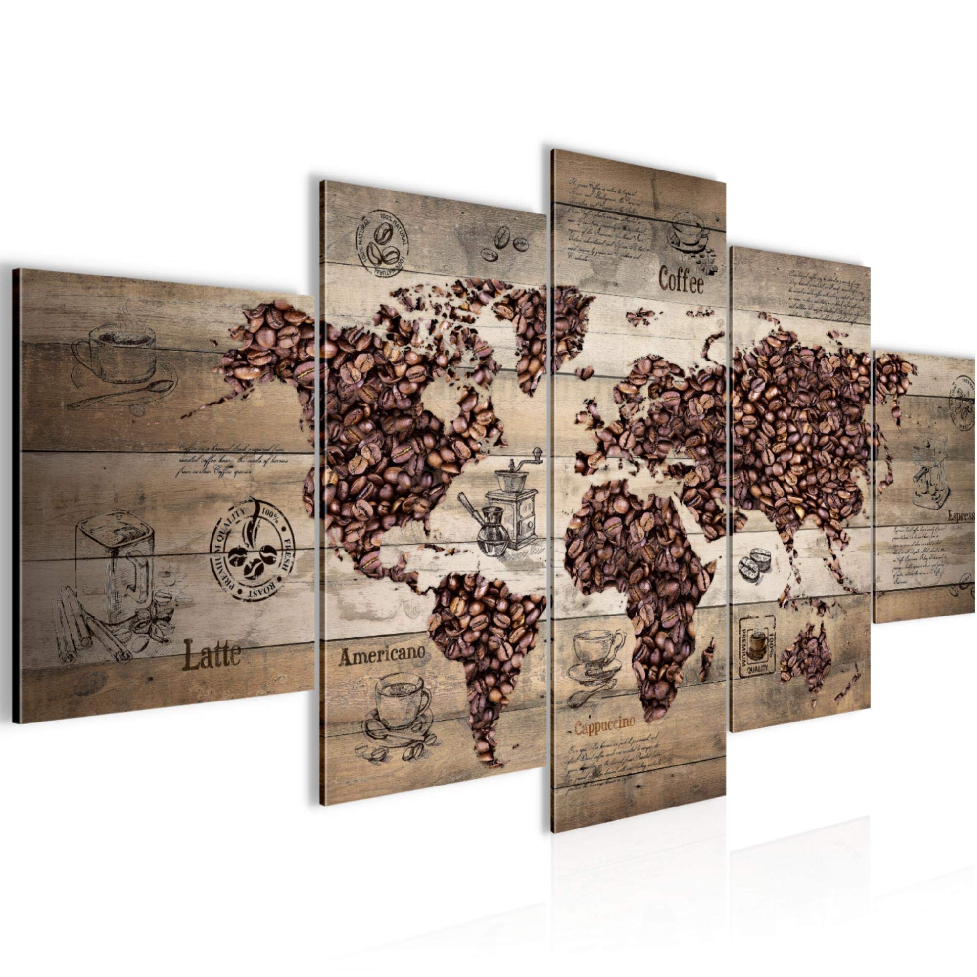 Runa Art - Tableau Café De Cuisine 200 x 100 cm 5 parties XXL Decoration Murale Dessin Brun beige 037951b