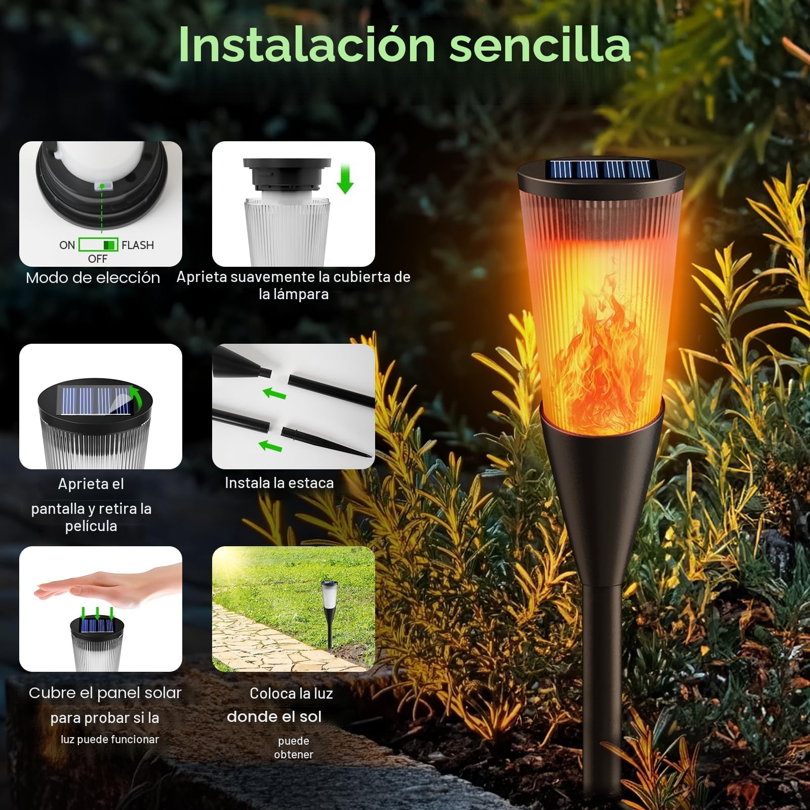 FIFlying Luces de Llamas Solar Exterior IP65 Impermeable 4 Piezas Antorchas Solares 2 Modos para Jardín