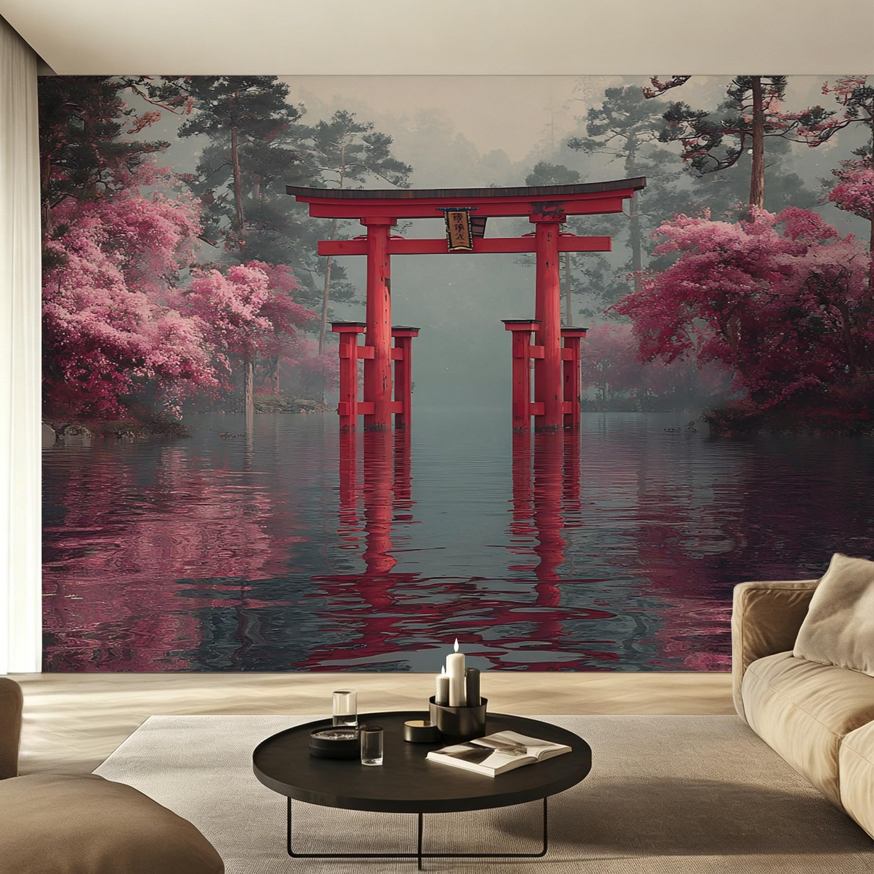 Torii Wallpaper for Living Room & Bedroom & Hallway, Non-Woven Japanese Landscape Mural Wallpaper, Wall Mural Wall Decoration 450 x 315 cm (WxH)