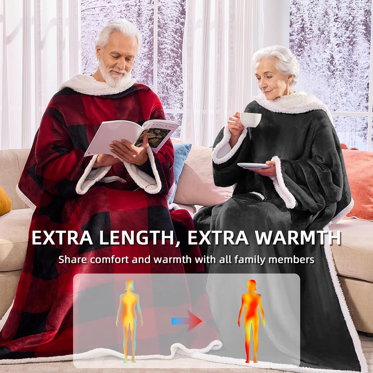 IFNOW Sherpa Wearable Blanket with Sleeves for Women Men Adults, Christmas Birthday Gifts for Women Mom Wife, Cozy Wearable Blanket with Arm and Pocket, Warm Full Body TV Wrap Throw Blanket, Black - Image 4