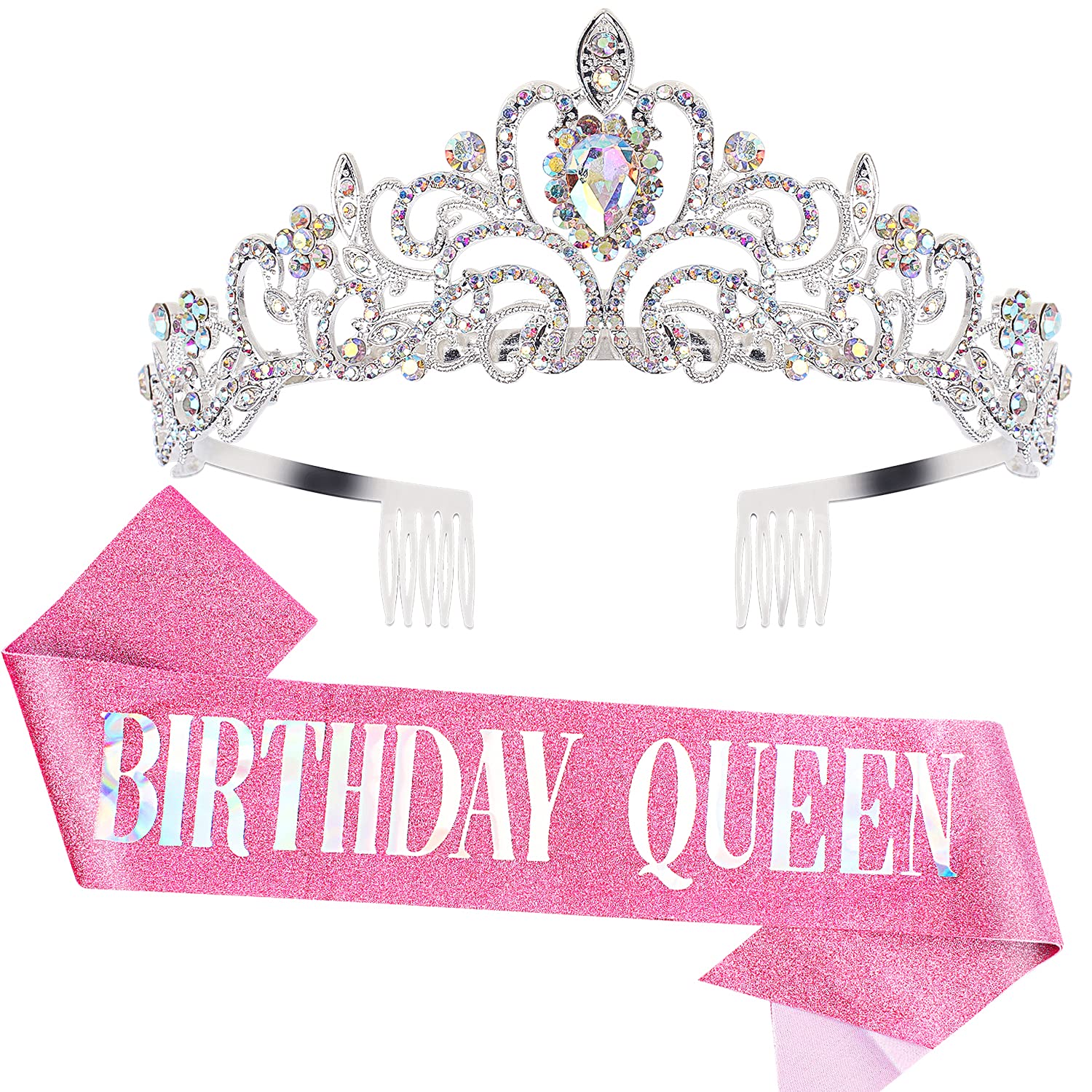 COCIDE Birthday Silver Tiara and Crowns for Women, Sash for Girls, Pink Birthday Decorations Set, Rhinestone Headband Hair Accessories, Glitter Sash