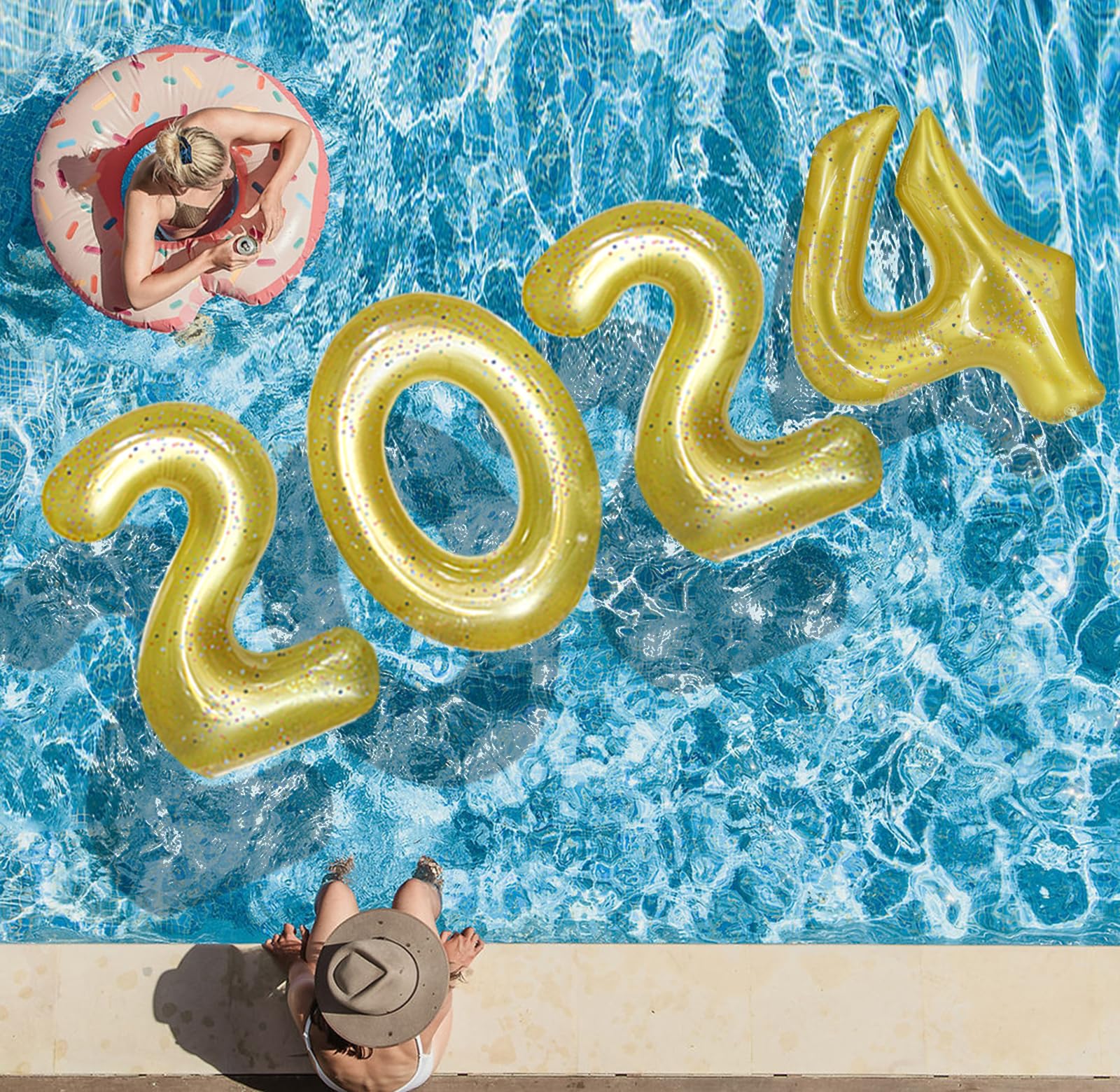 Pool Party Decorations Outdoor 2024 Pool Float 48" Inflatable Giant Pool Float Numbers Letters Party Decor Floating Pool Decorations for Graduation Birthday Wedding Bachelorette New Year Eve SP010