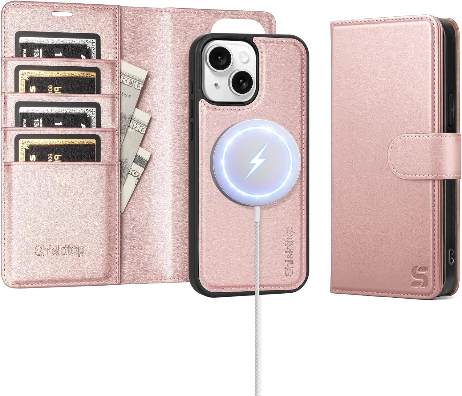 Shieldtop Compatible with Magsafe Magnetic 2 in 1 Detachable iPhone 15 Wallet Case with Card Holder Credit Slots Men Women,PU Leather RFID Blocking Flip Kickstand for Apple 15 6.1",Rose Gold