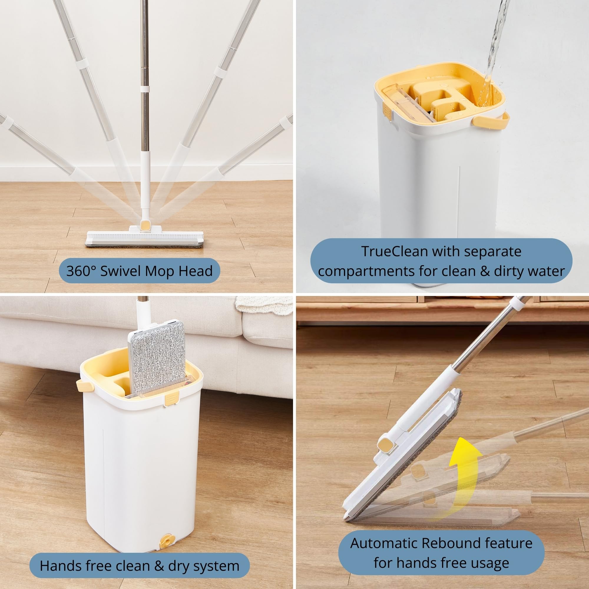 Juego de fregona y Cubo con Sistema de Bomba para el hogar, autolimpieza Manos Libres con 3 Compartimentos para Separar la Limpieza del Agua Sucia, con 2 Almohadillas de Microfibra Lavables a máquina