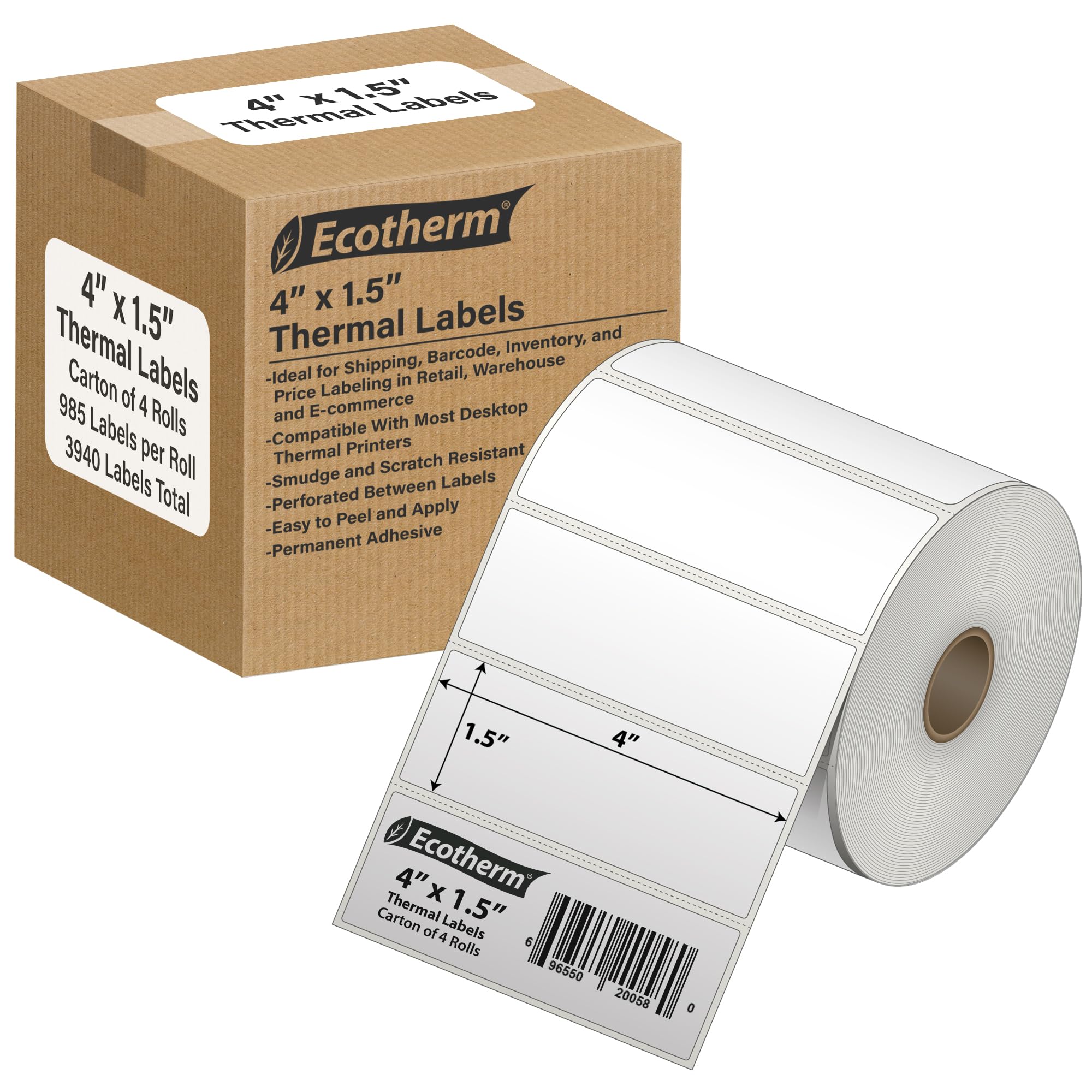 4 x 1.5 Direct Thermal Paper Label Stickers - 985 Labels Per Roll - 4 Rolls - for Zebra LP2844, GC420, GK420, GX430, ZD220, ZD420, ZD500, ZD620, ZP-500, GT800 Printers โ image 1