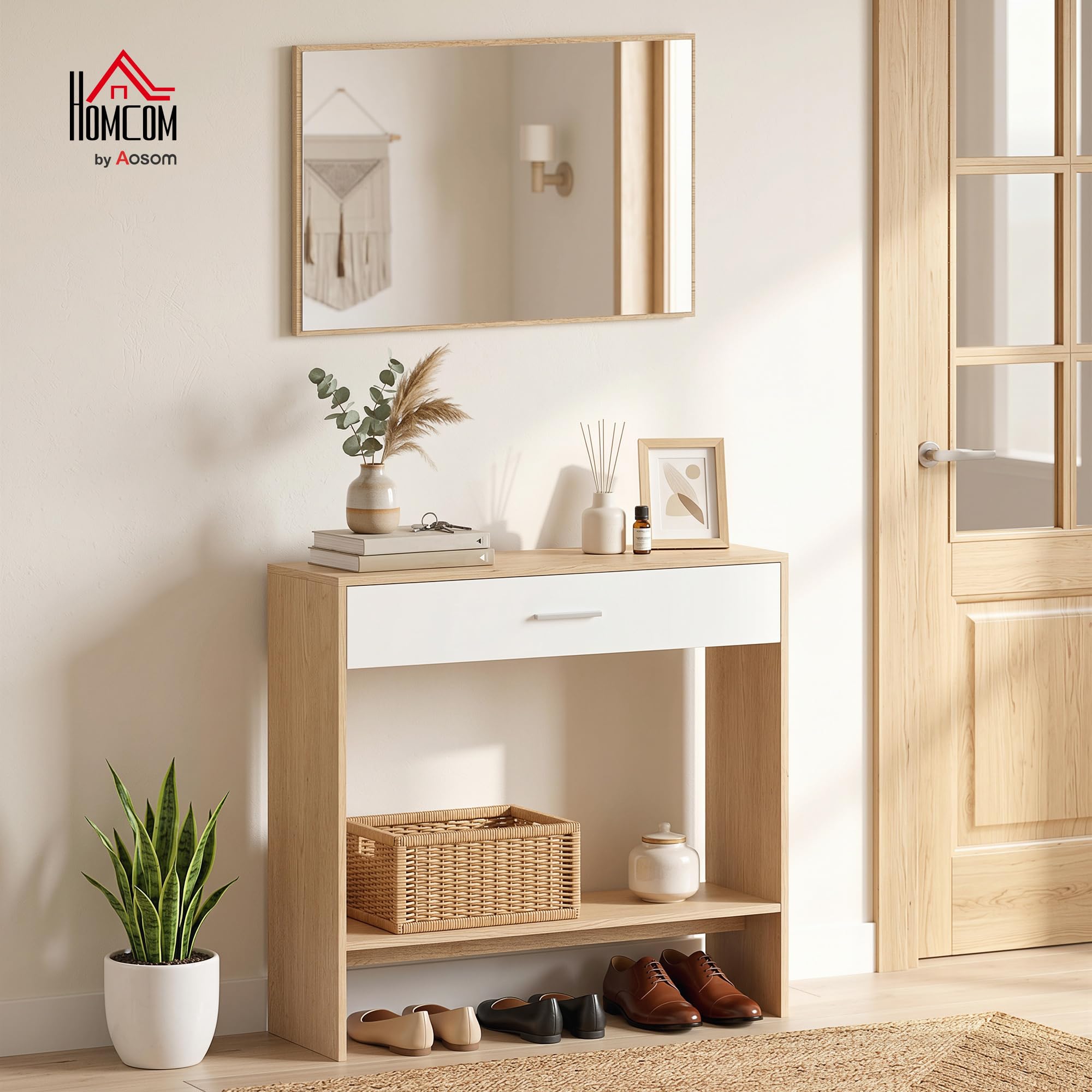 HOMCOM Console Meuble + Miroir avec tiroir 91,5 x 27,9 x 85,5 cm chêne | Table Console Étroite, Avec Étagère, Style Moderne, Table d'Entrée, Couloir, Salon, Petits Espaces
