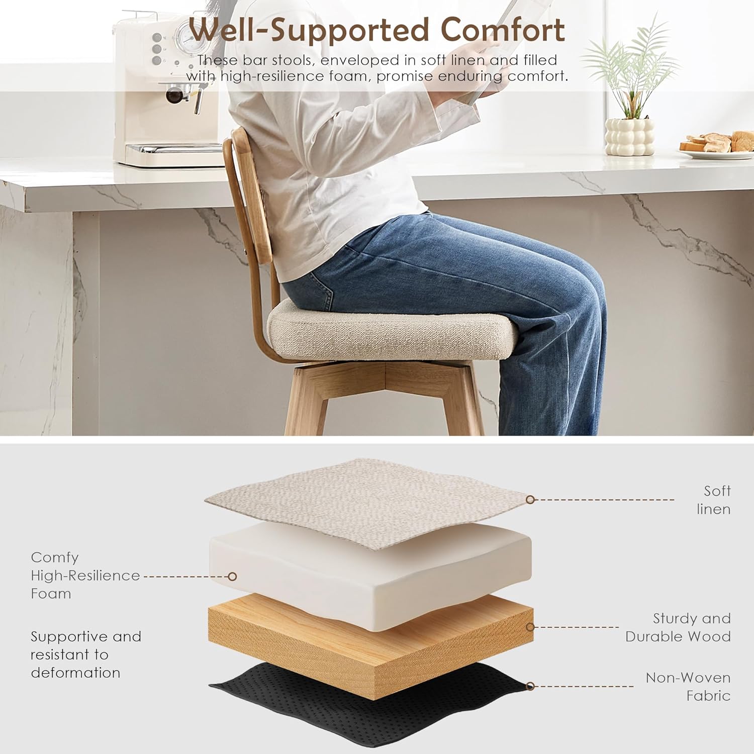 26” Natural Rattan Bar Stools, Swivel Solid Wood Counter Stool Set of 2, Upholstered Armless Bar Chairs with Wooden Legs for Kitchen Island, Beige Linen