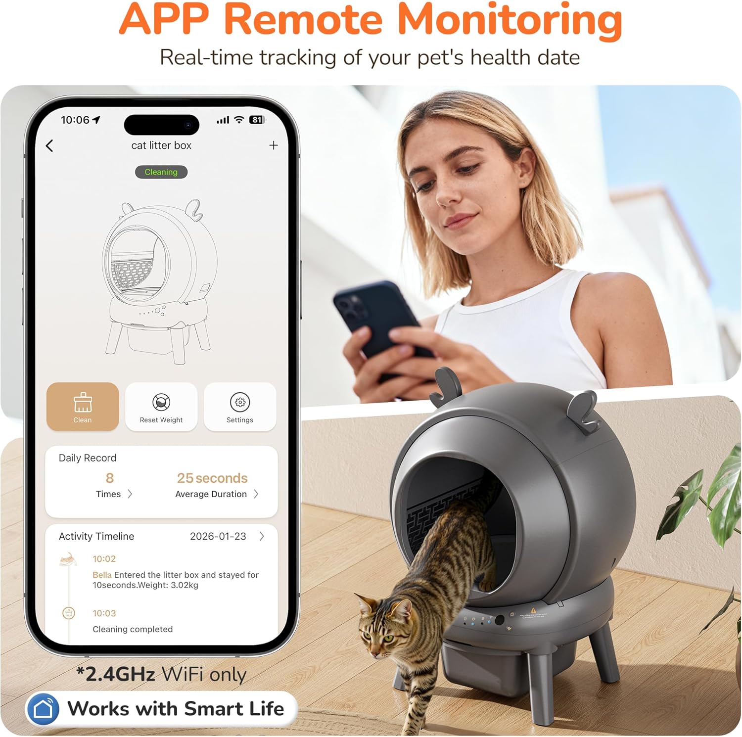 Automatic Self Cleaning Litter Box, Cat Litter Box with APP Control, 65L Globe & Dual Safety Sensors, Robot Litter Box, 1 Roll Garbage Bags and Litter Mat, <35DB, Grey