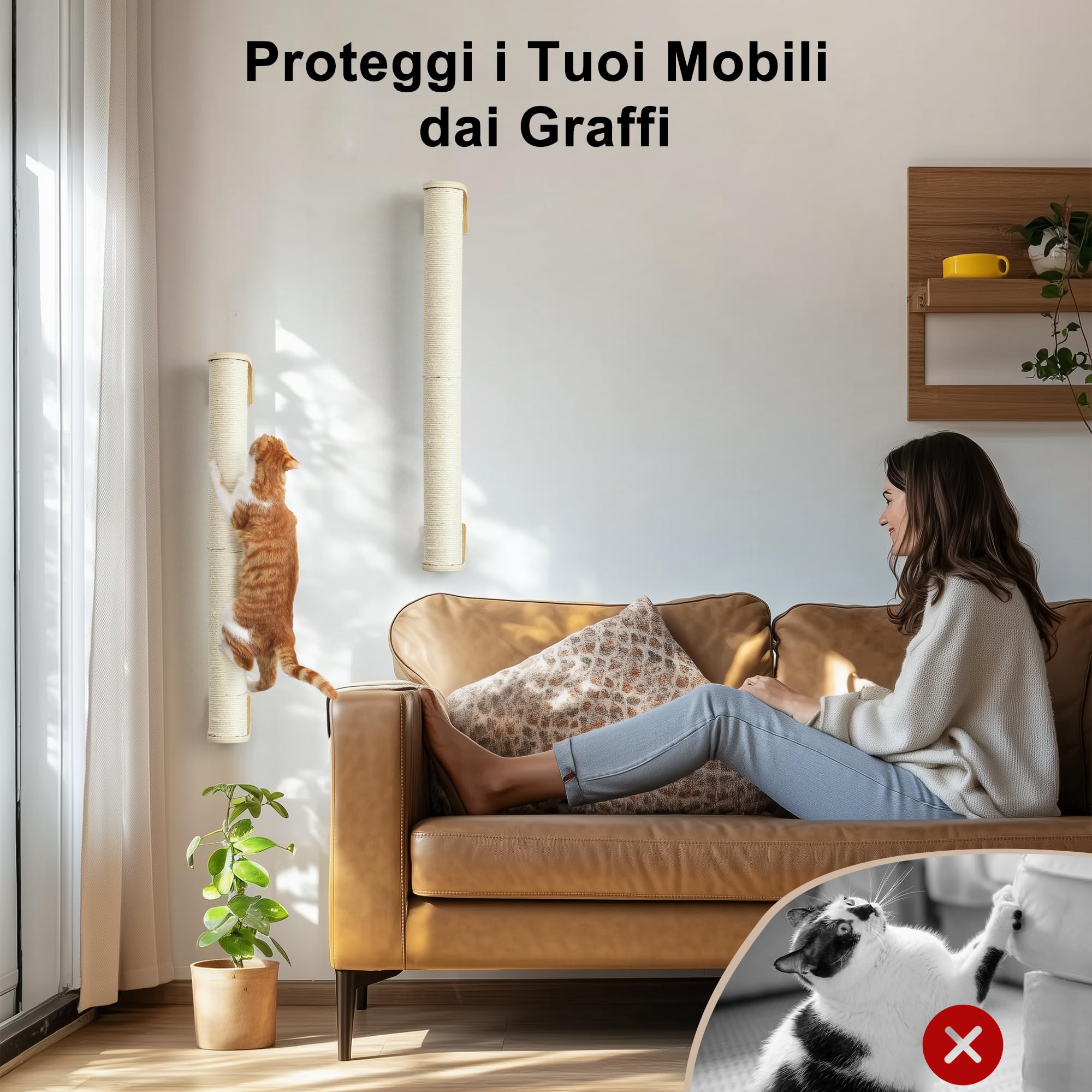 FUKUMARU Tiragraffi per Gatti da Parete, (L:71cm) Palo in Corda di Sisal Naturale a Muro per Gattini, Solido Albero per Arrampicare per Gatti Domestici.