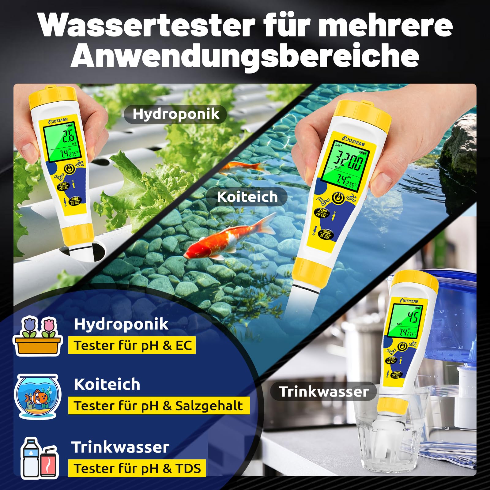 UIUZMAR Digitales pH und Chlor Messgerät Pool, 7-in-1 pH Salztester für Salz Pool mit Gleichzeitiger Anzeige, Multifunktionales pH Salzgehalt EC TDS ORP Messgerät Für Whirlpool Spa Schwimmbad