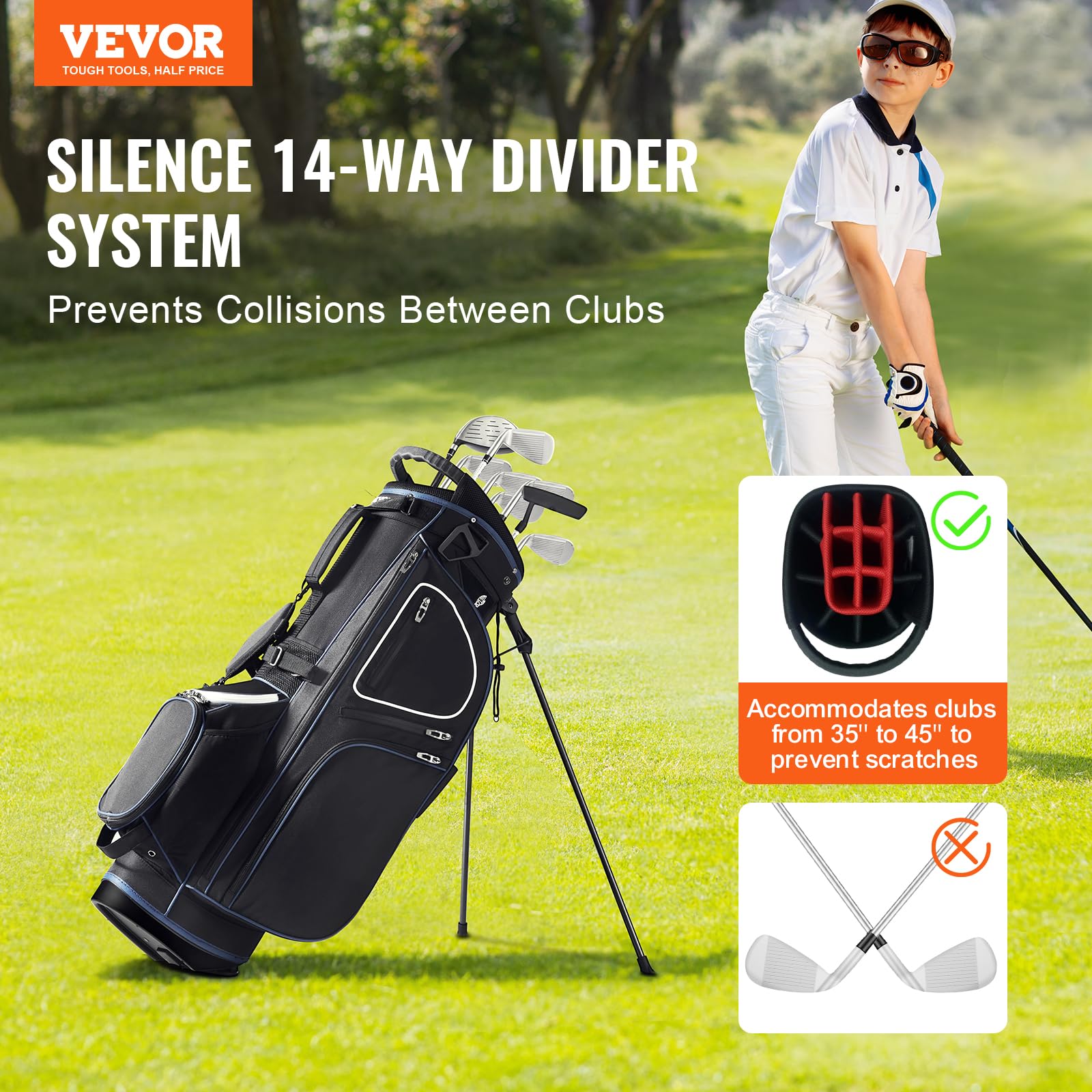 VEVOR Torba na wózek golfowy z 14-kierunkowym organizerem, torba na wózek premium ze stojakiem, trwałe torby golfowe z uchwytami i osłoną przeciwpyłową oraz odpinanym podwójnym paskiem dla mężczyzn i