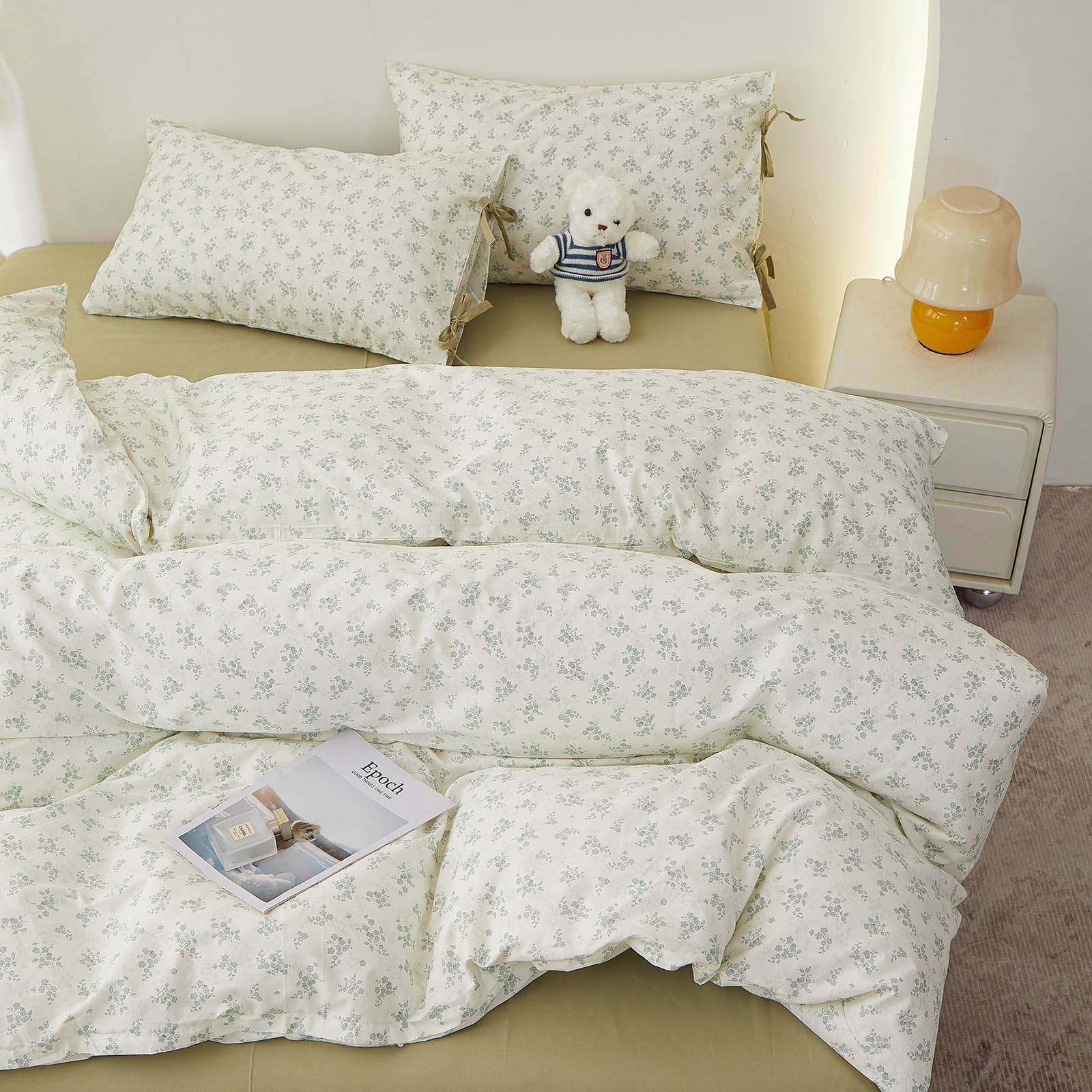 Full Size Comforter Set Vintage Floral Comforter Bedding Set, Aesthetic Coquette Botanical Green Flowers Comforter with 2 Bow Ties Pillowcases, Lightweight Cottagecore Comforter Set for All Season