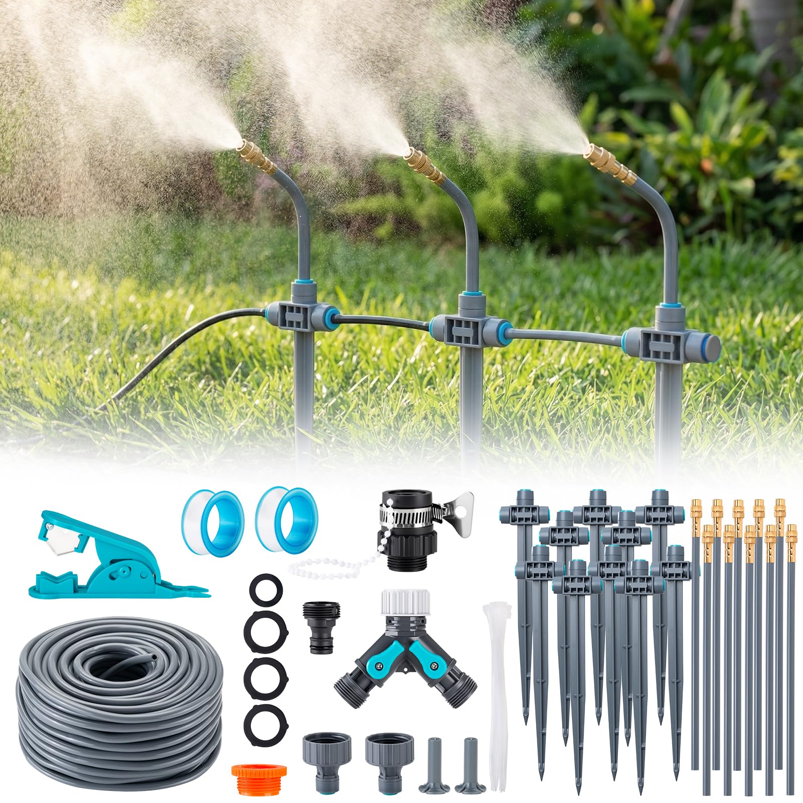 Garten Bewässerungssystem mit Erdspieß 360° Frei Verstellbar, Tropfbewässerung Präziser Durchflussregelung, Sprinklersystem Kühlsystem für Gewächshaus, Hochbeet, Terrasse, Balkontopfpflanzen