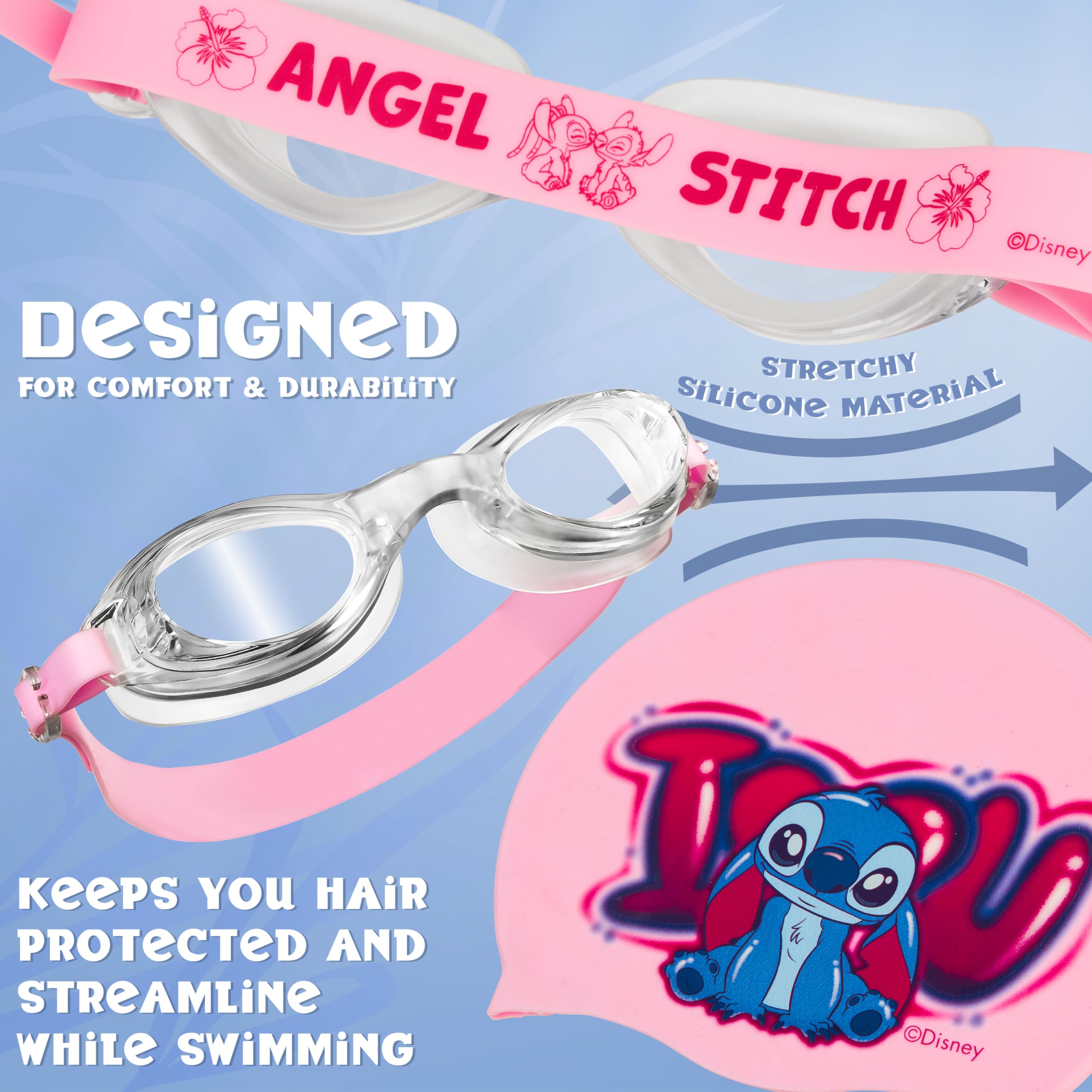 Disney Children's Swimming Goggles and Swimming Cap Set Anti-Fog UV Protection (Pink Stitch, 6-14 Years) - Image 4