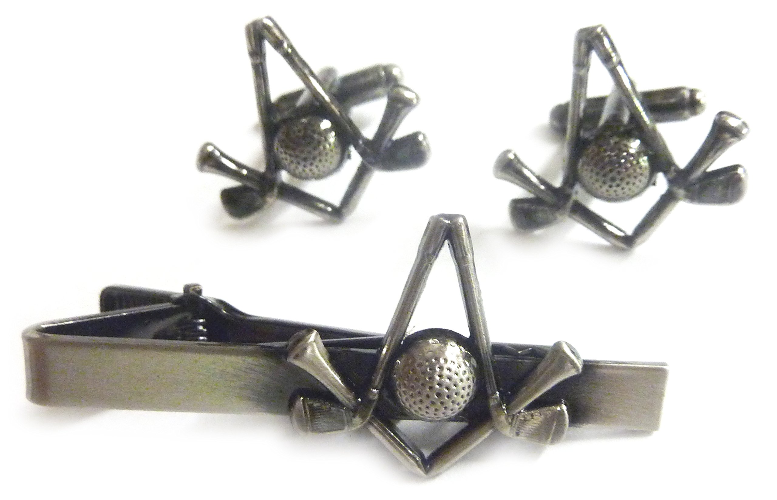 Golf Club Ball Tee Masonic Square & Compass TIE BAR Clip Cufflinks Set