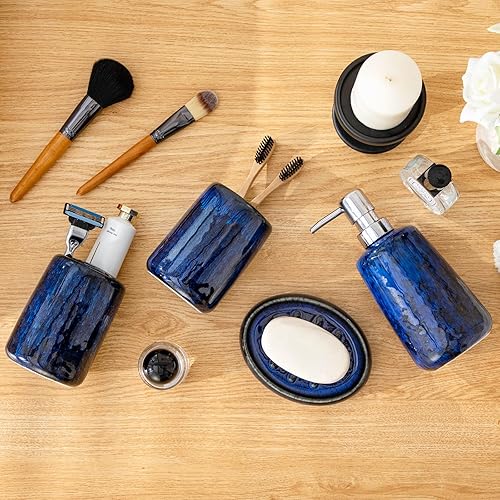 Miniatura 6 de vancasso Juego de accesorios de baño azules, dispensador de jabón de cerámica y soporte para cepillos de dientes, juego de 4 piezas de cerámica para