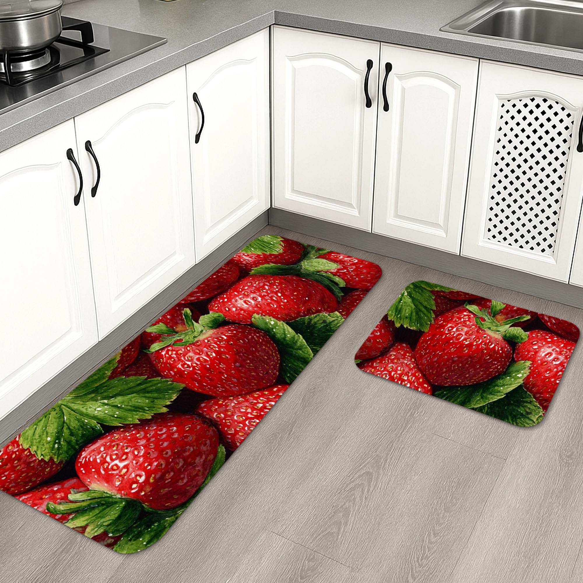 Strawberry Kitchen Mats for Floor, Vibrant Berry Design Soft Mats, Cushioned Comfort Washable Non Slip Decor Rugs for Kitchen Sinks Laundryroom Bathroom 2PCS