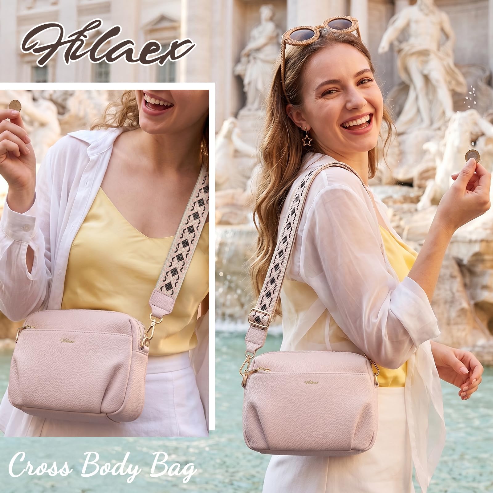 Borsa a tracolla da donna con blocco RFID, antifurto, multi tasche | 3L, leggero, con cinturino largo regolabile, pelle PU impermeabile