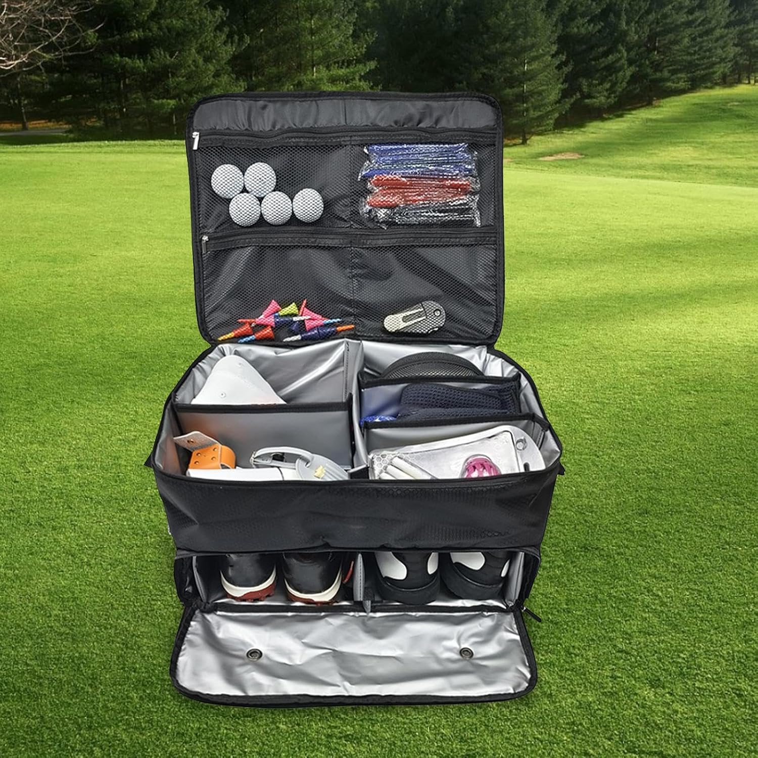 Golf Trunk Organizer Locker Bag Portable Zipper 2 Layer Golf Storage Bag Travel Bag for Accessories, Great Gift Idea for Golfers