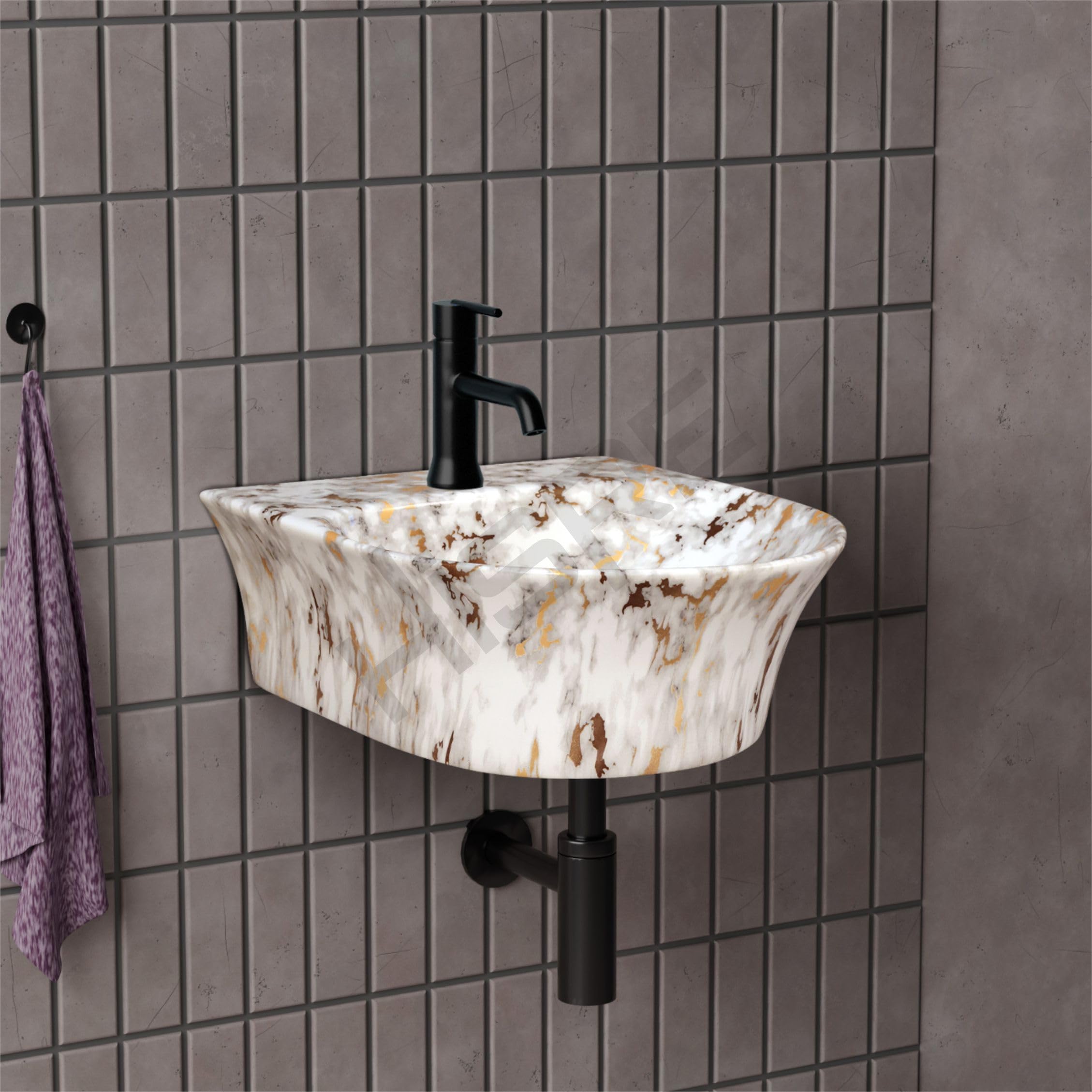 HISRE Wall Mount Wash Basin | White Ceramic Sink with Brown and Golden Marble Pattern | Compact Rectangular Bathroom Basin for Modern Home & Office Décor, photo 2 of 5