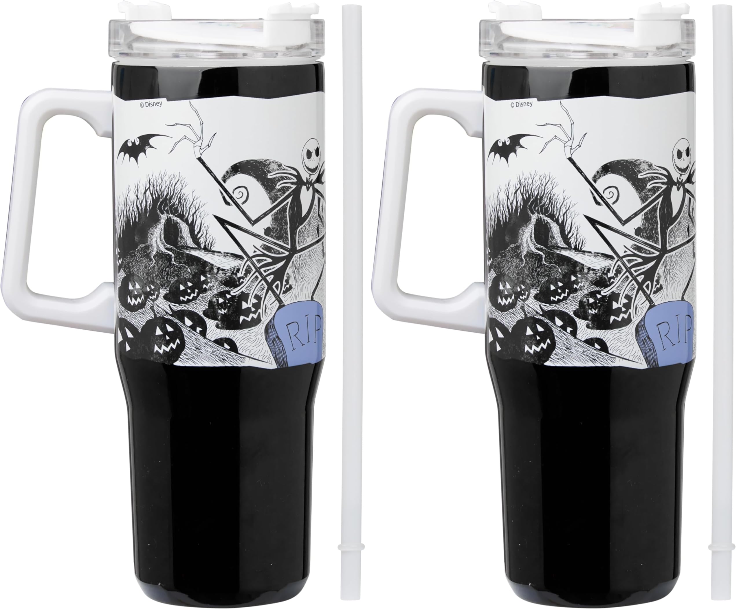 Get Trend Disney Nightmare Before Christmas Thermobecher mit Strohhalm, 940ml, Edelstahl Trinkflasche Isoliert, für Heiß- & Kaltgetränke, Kaffeebecher (Schwarz/Weiß Jack) (Packung mit 2)